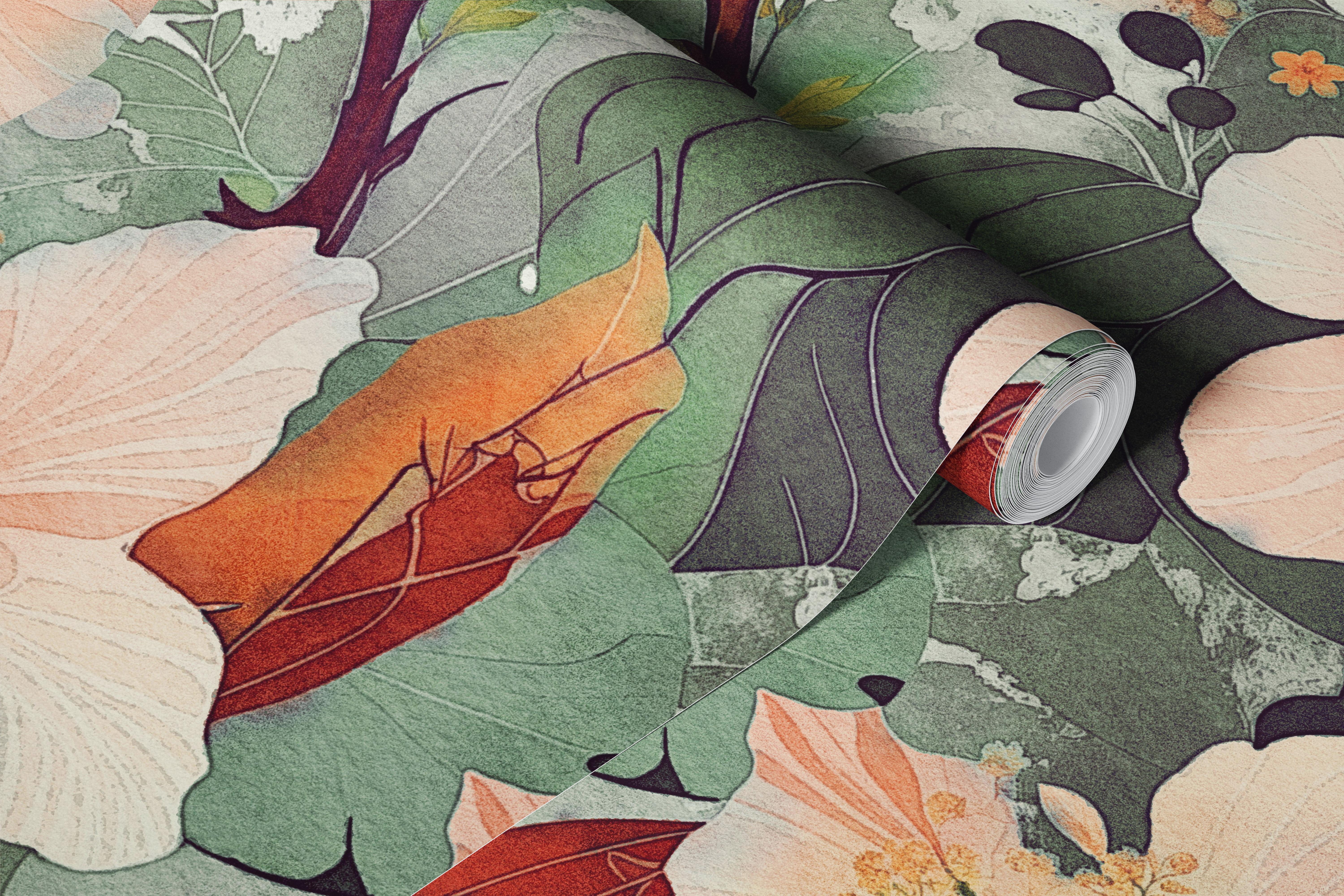 Tropical floral wallpaper with hibiscus flowers in apricot, blush and green leaves.