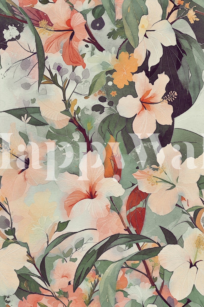 Tropical floral wallpaper with hibiscus flowers in apricot, blush and green leaves.