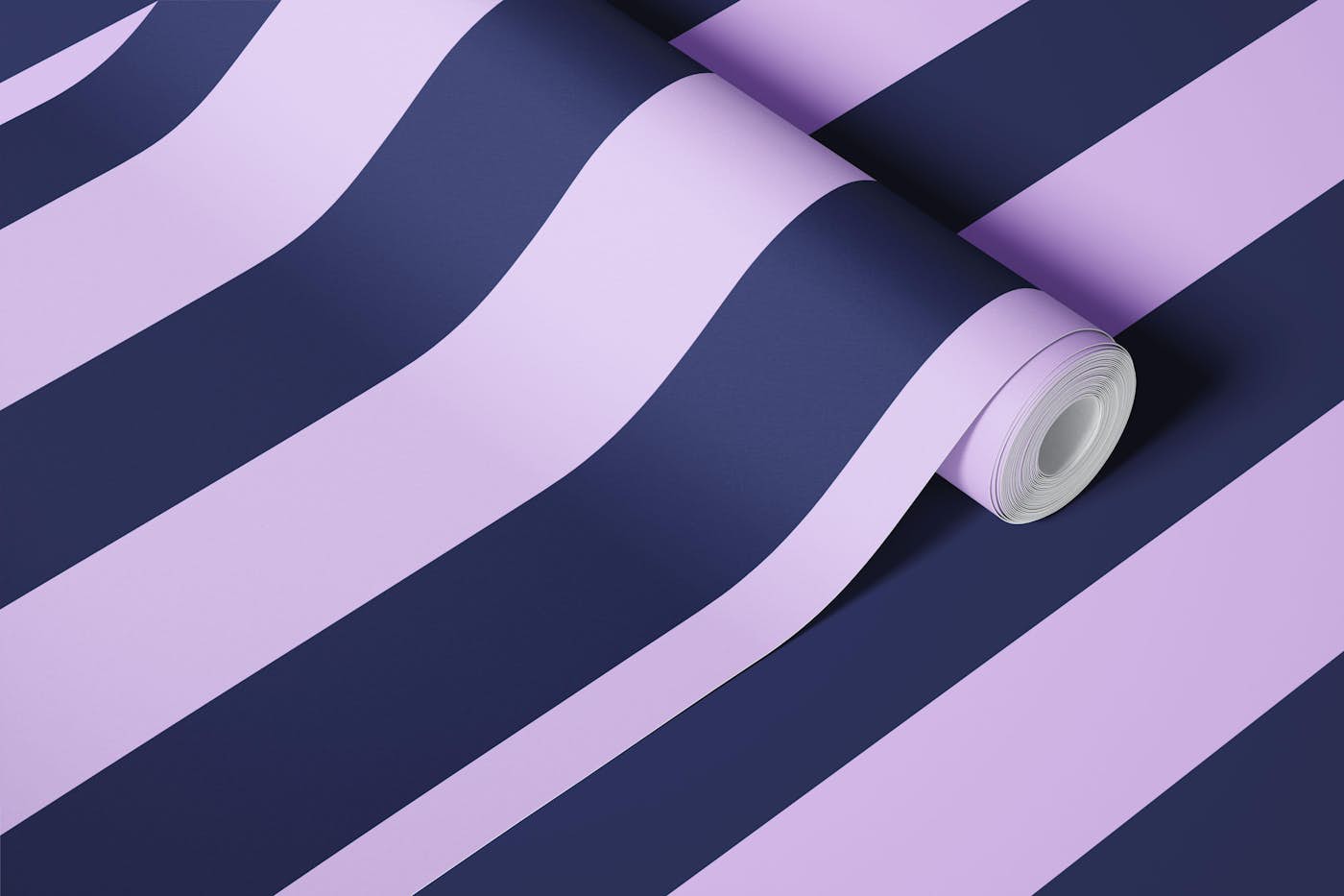 Lilac and navy blue awning stipe wallpaper roll