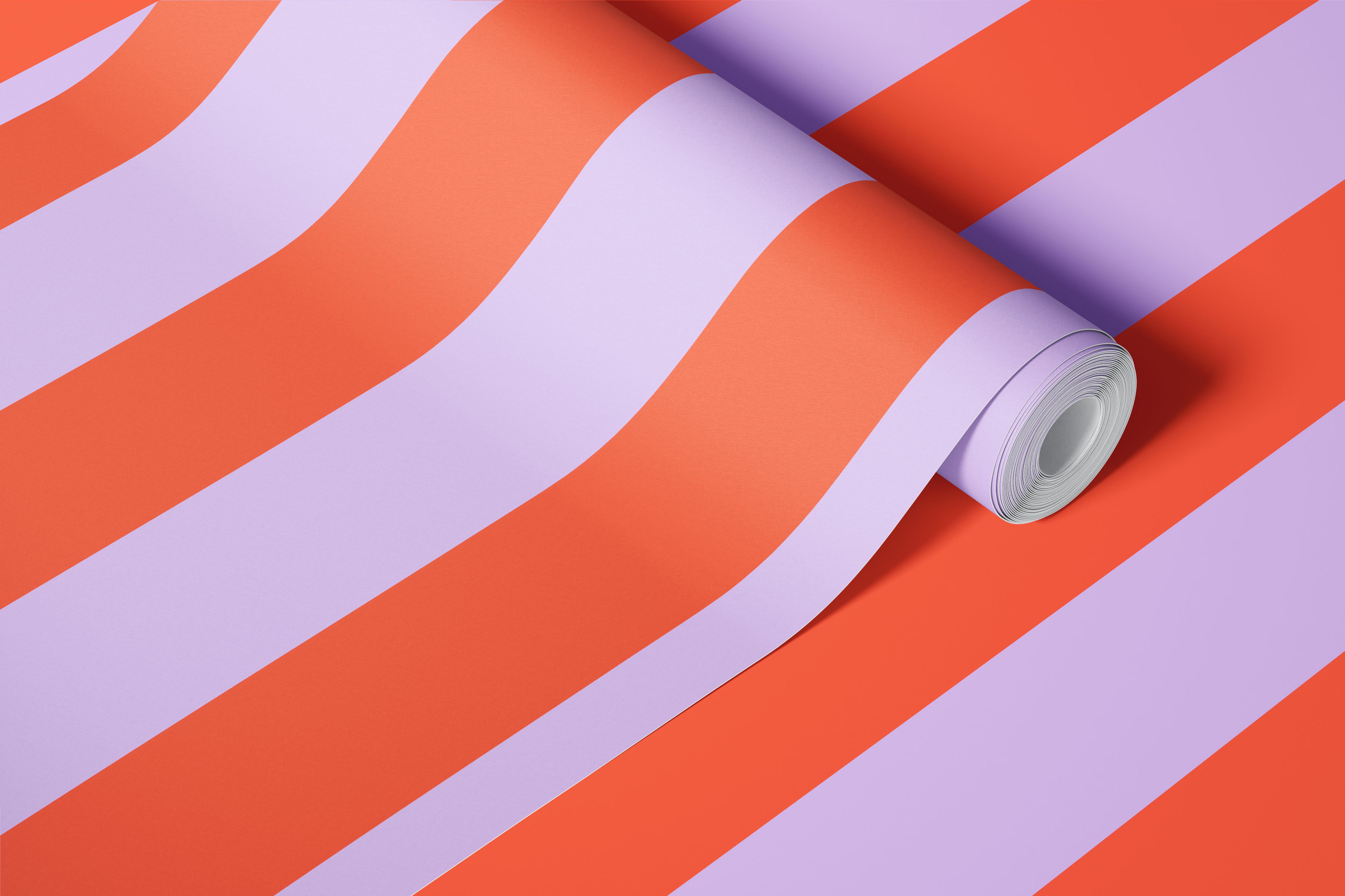 Lilac and red awning stripe wallpaper in a room