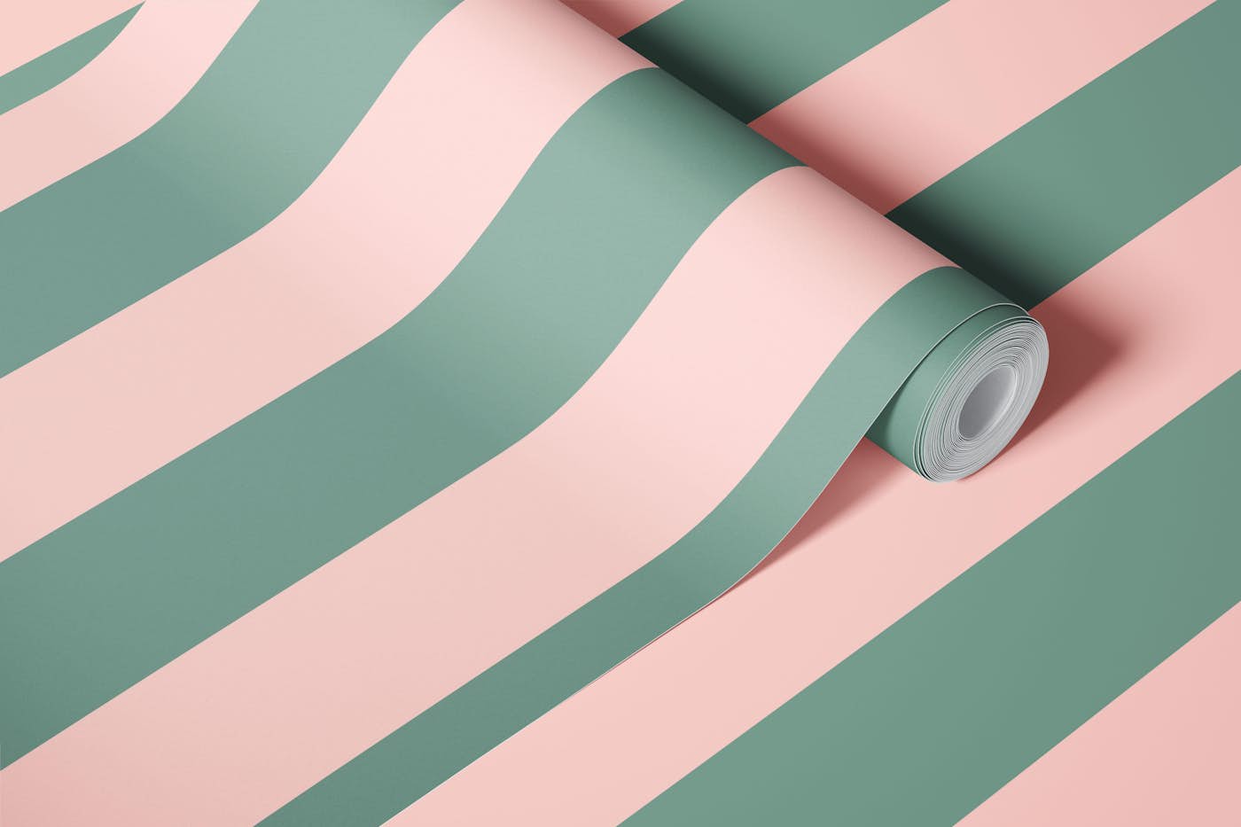 Pastel Peach and Sage green awning stripe wallpaper roll