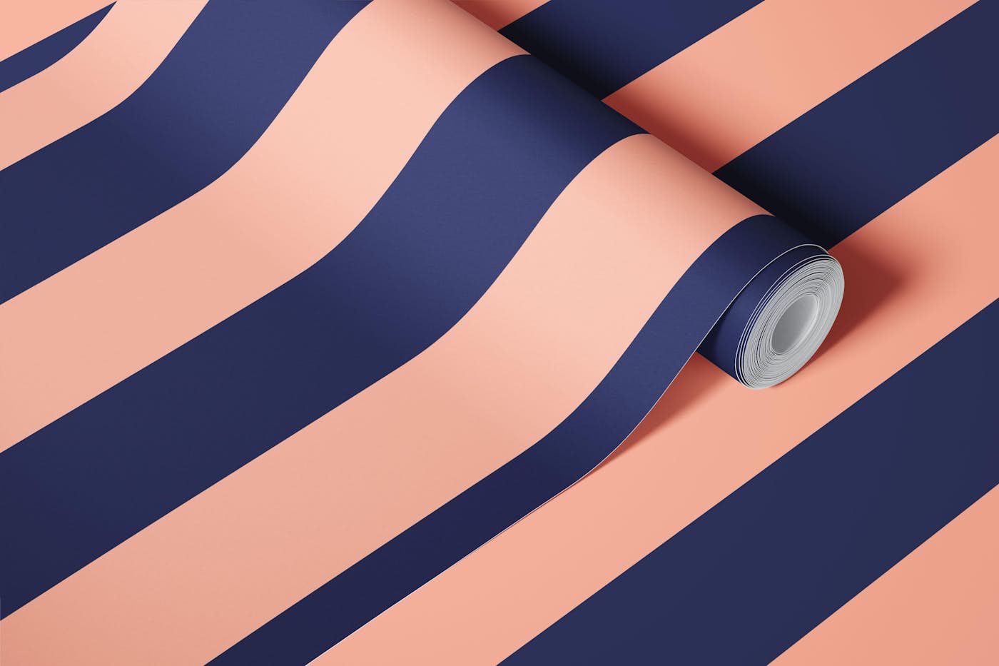 Peach and navy awning stripe wallpaper roll