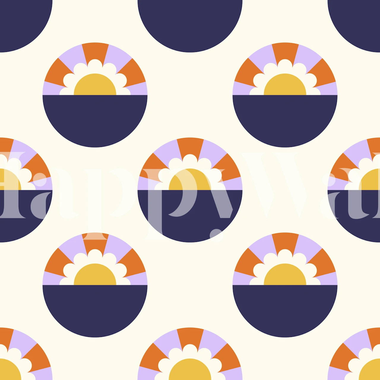 Round sunset floral patterns in orange, yellow, and purple on cream wallpaper