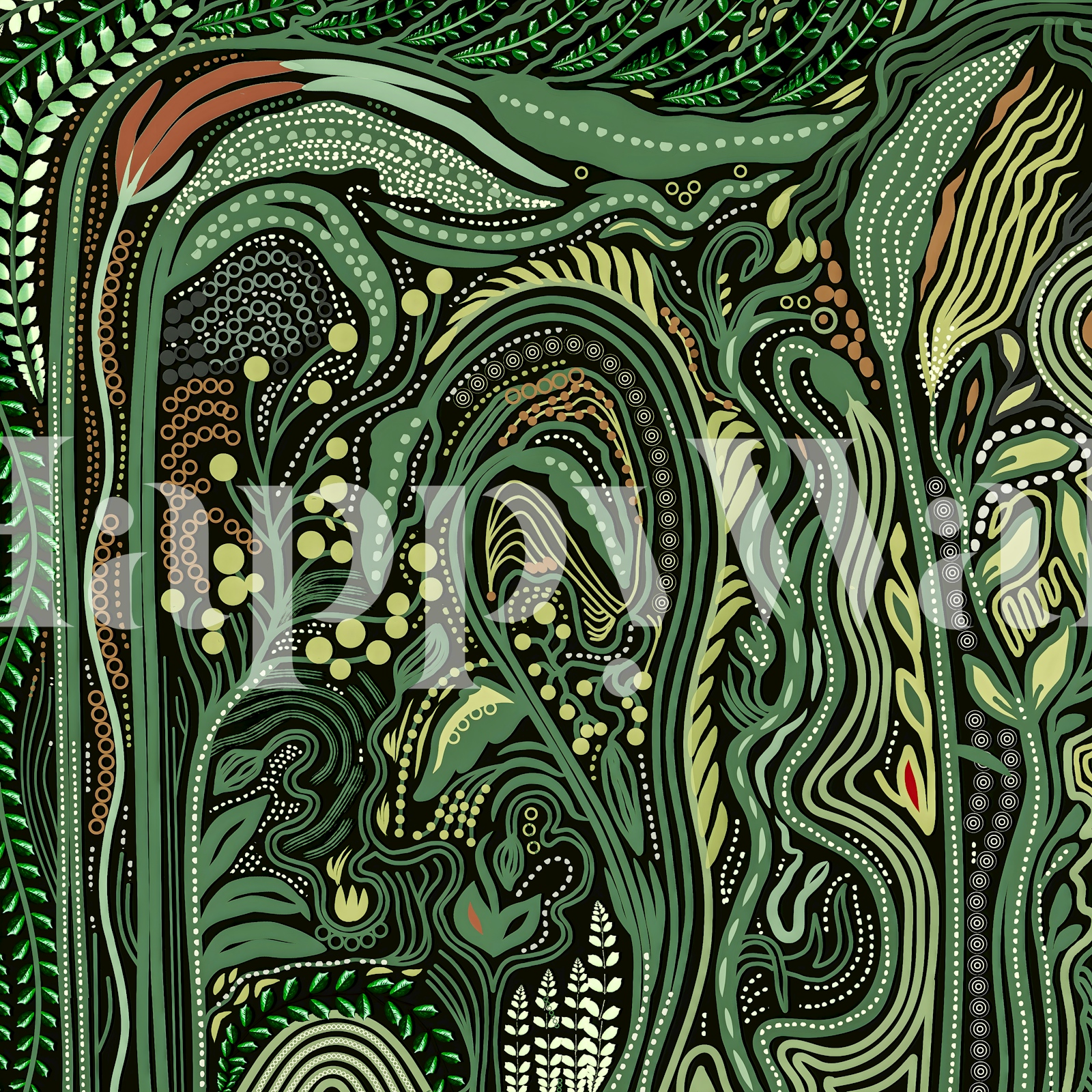 Green Botanical Wallpaper with Abstract Patterns