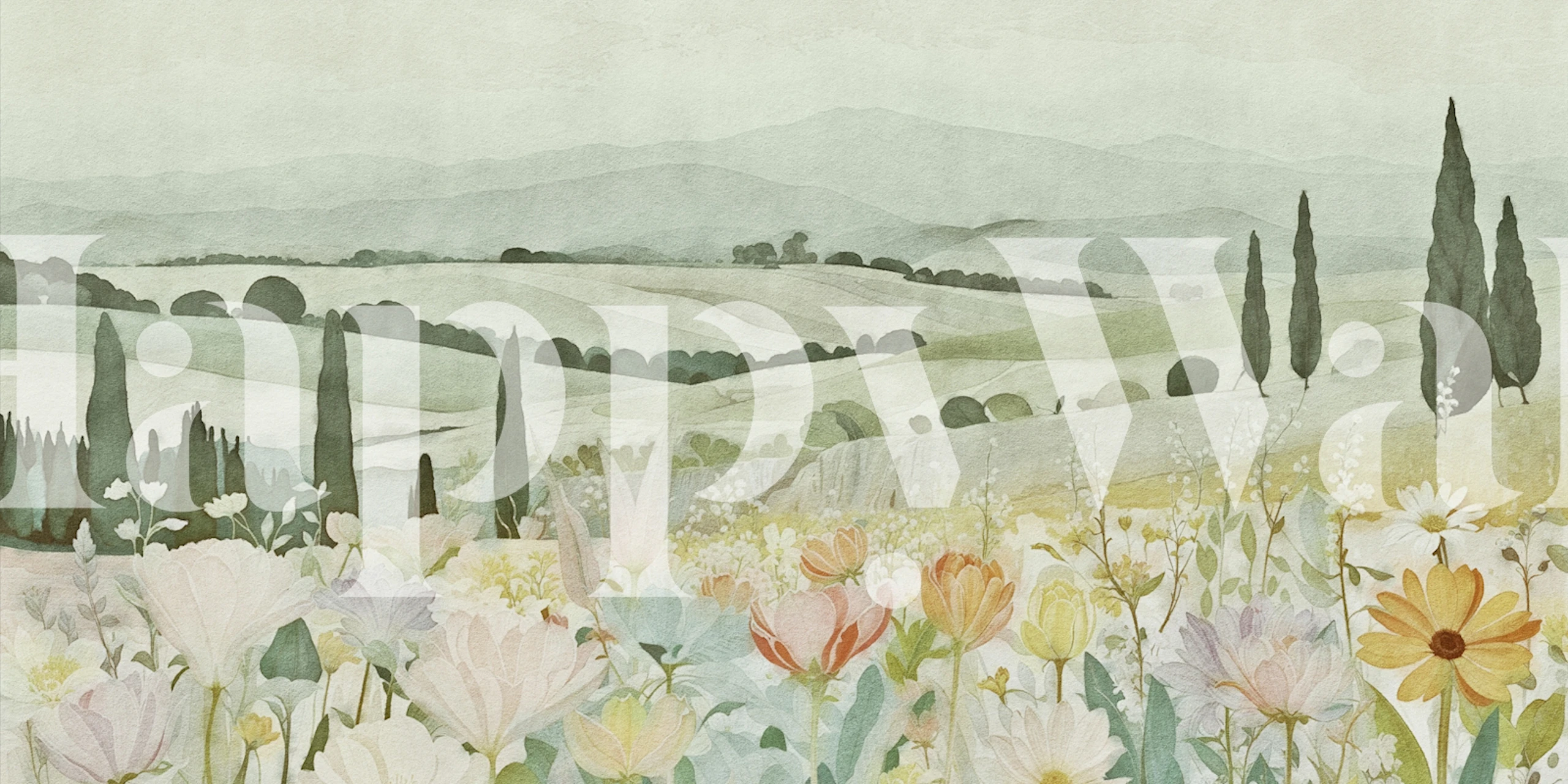 Pastel floral landscape with hills and flowers wallpaper