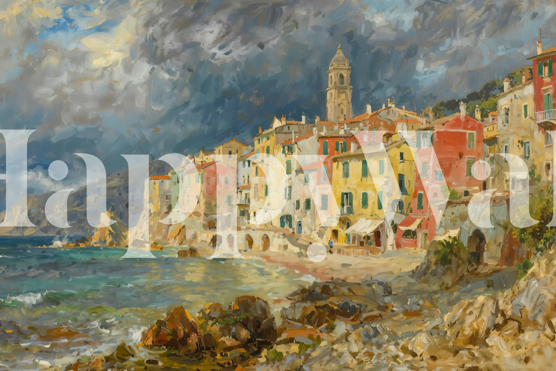 Cinque Terre Village Painting wallpaper in a room