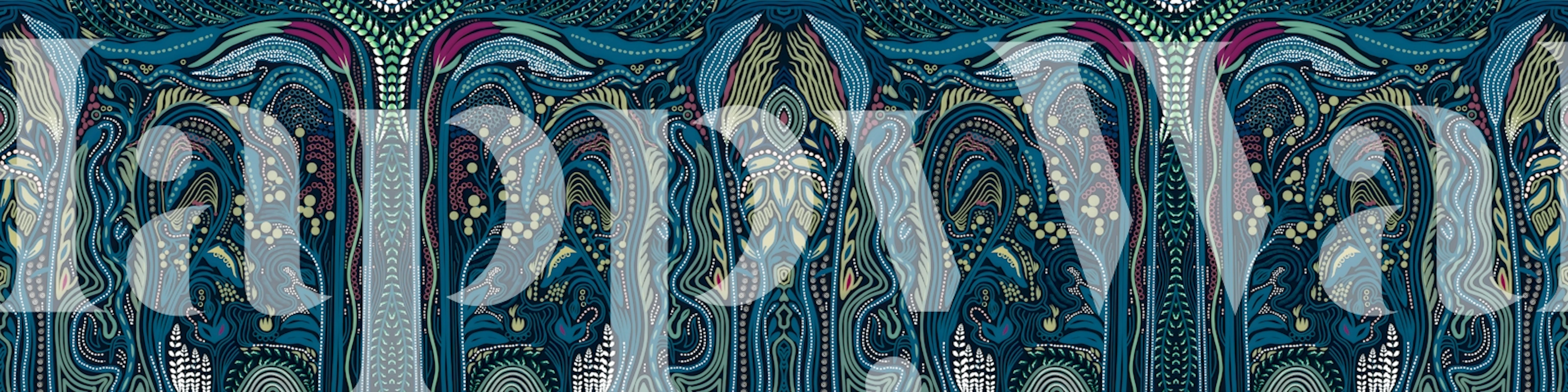 Colorful abstract floral design with swirling patterns in blue, green, and red wallpaper