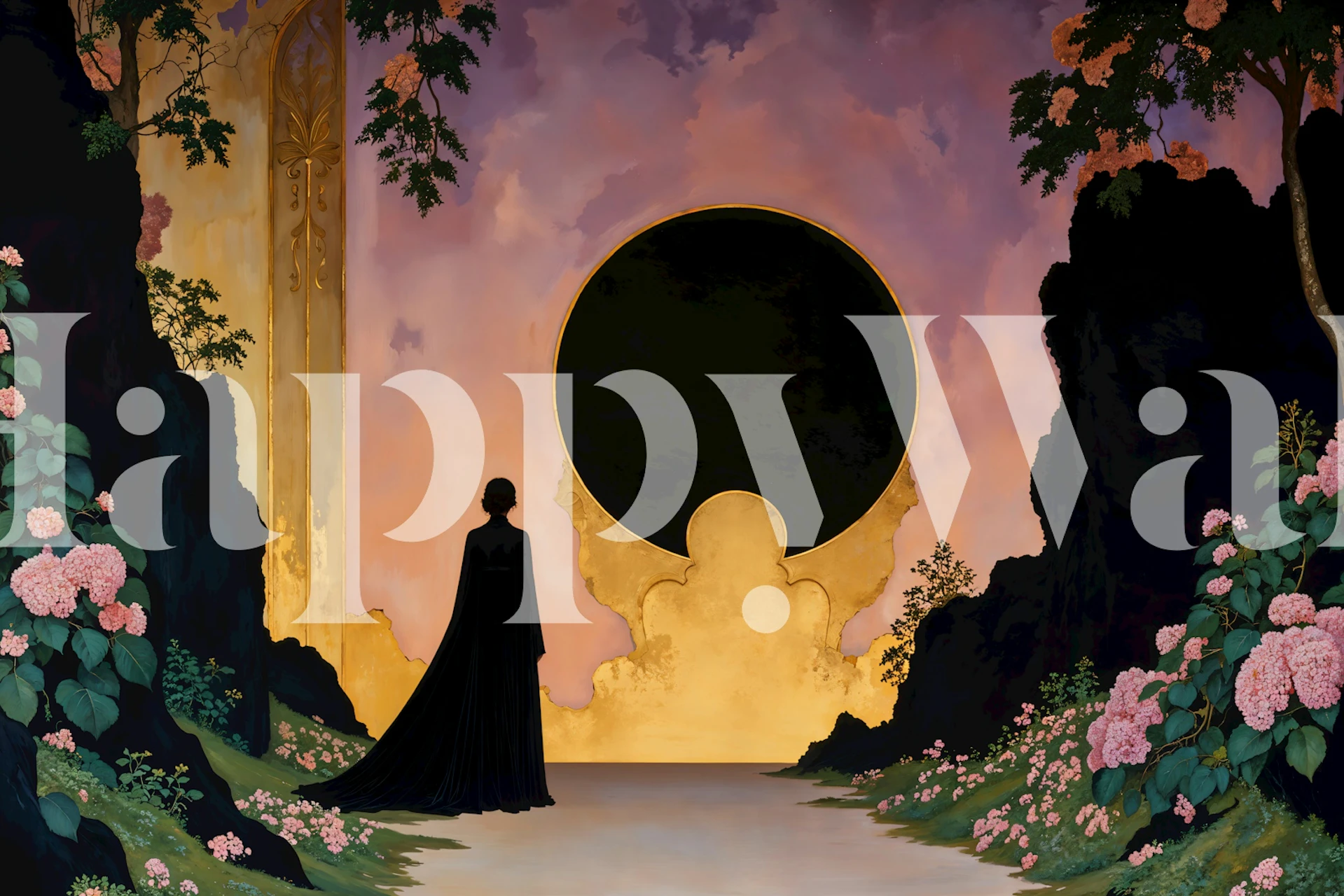 Floral silhouettes against sunset colors in a mystical garden wallpaper