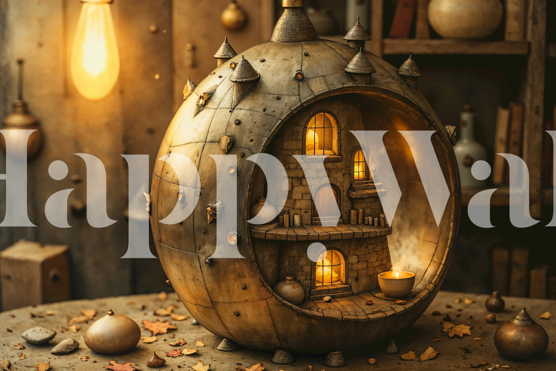 Mystical Lantern Village wallpaper in a cozy room