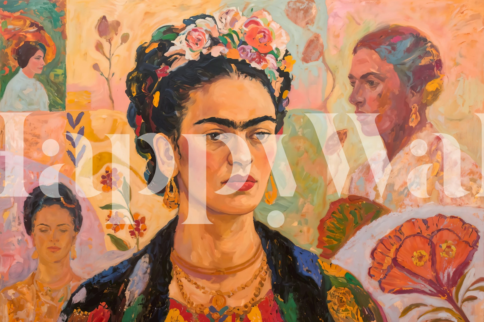 Colorful Frida Kahlo portrait with floral details, mural wallpaper