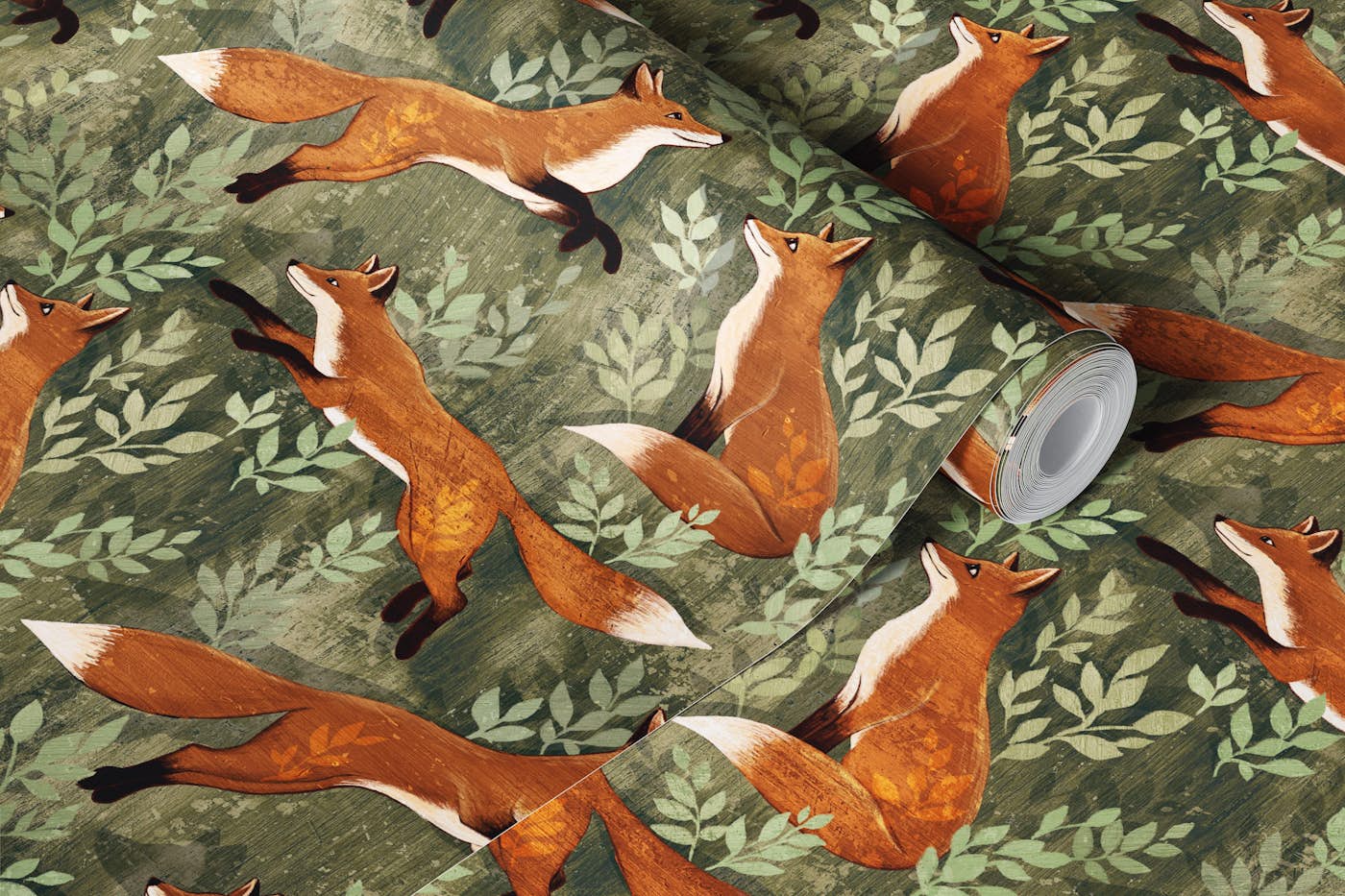 Where the Fox Hides in Forest Green wallpaper roll