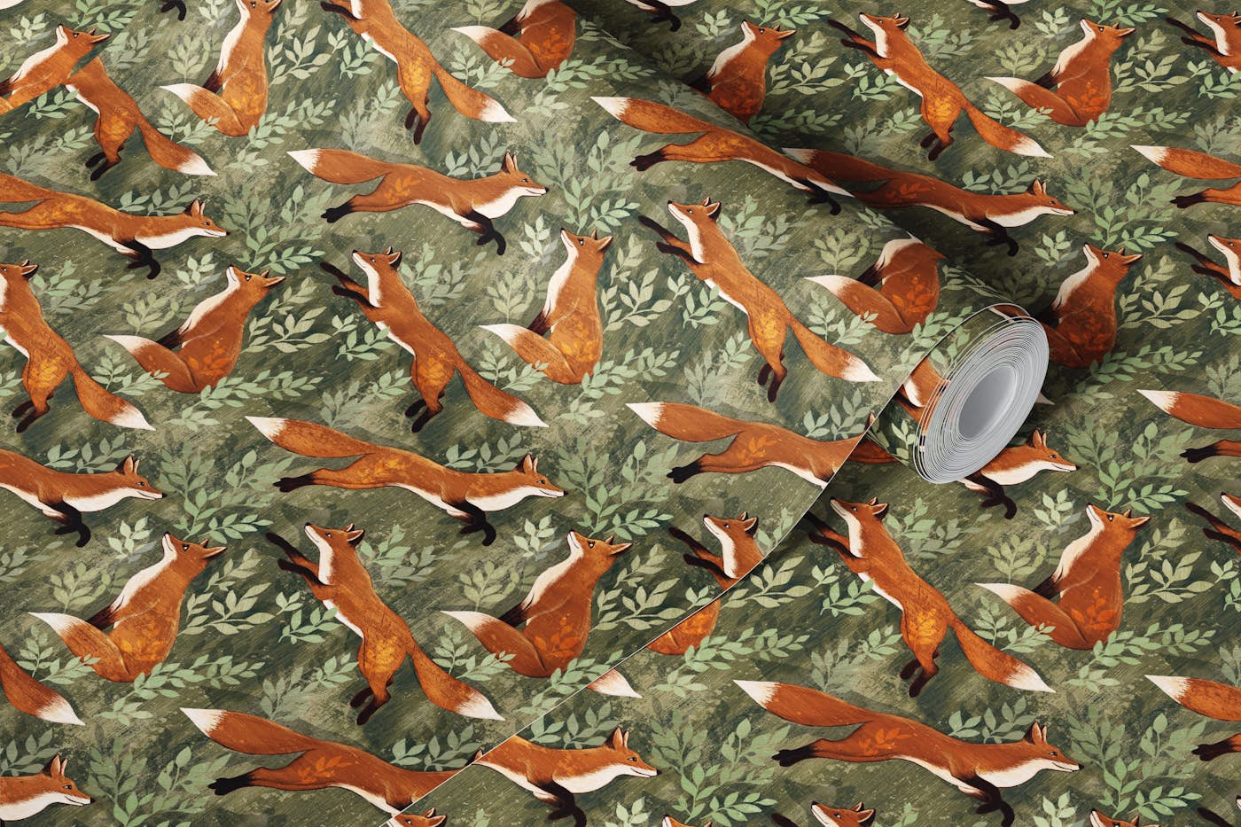 Where the Fox Hides in Forest Green Small wallpaper roll