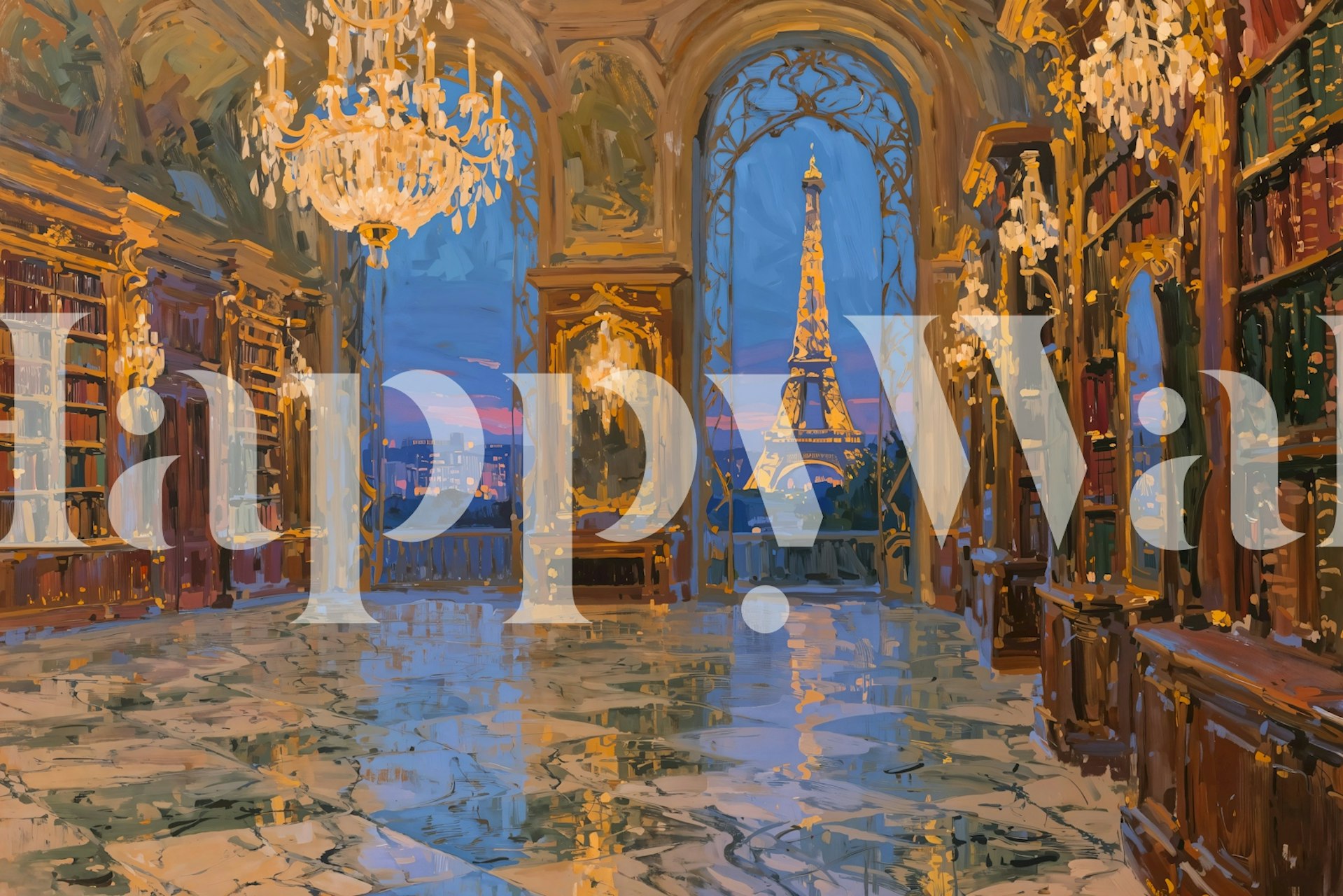 Eiffel Tower view through ornate windows with chandeliers, elegant wallpaper