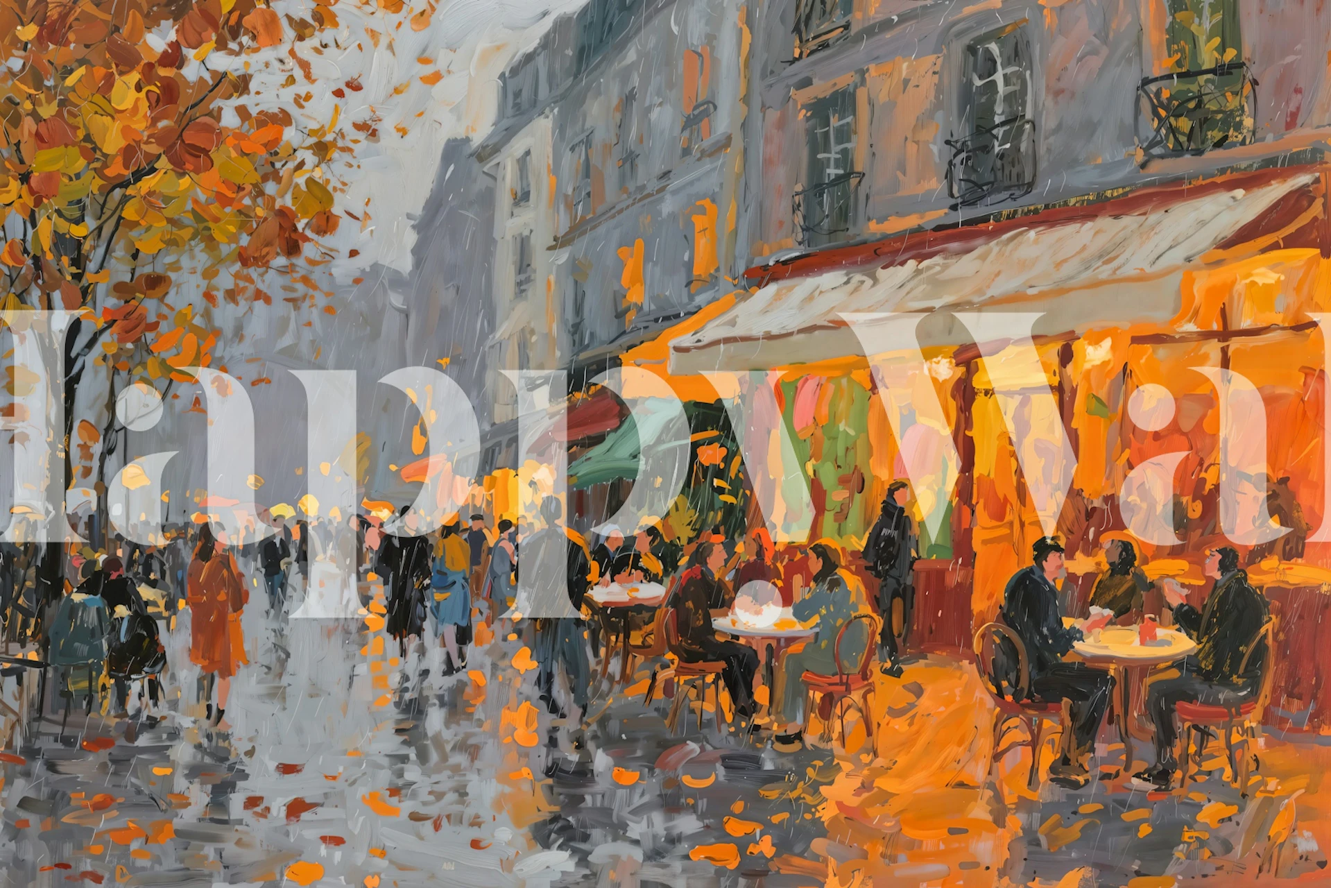 Parisian café scene with autumn colors on wallpaper