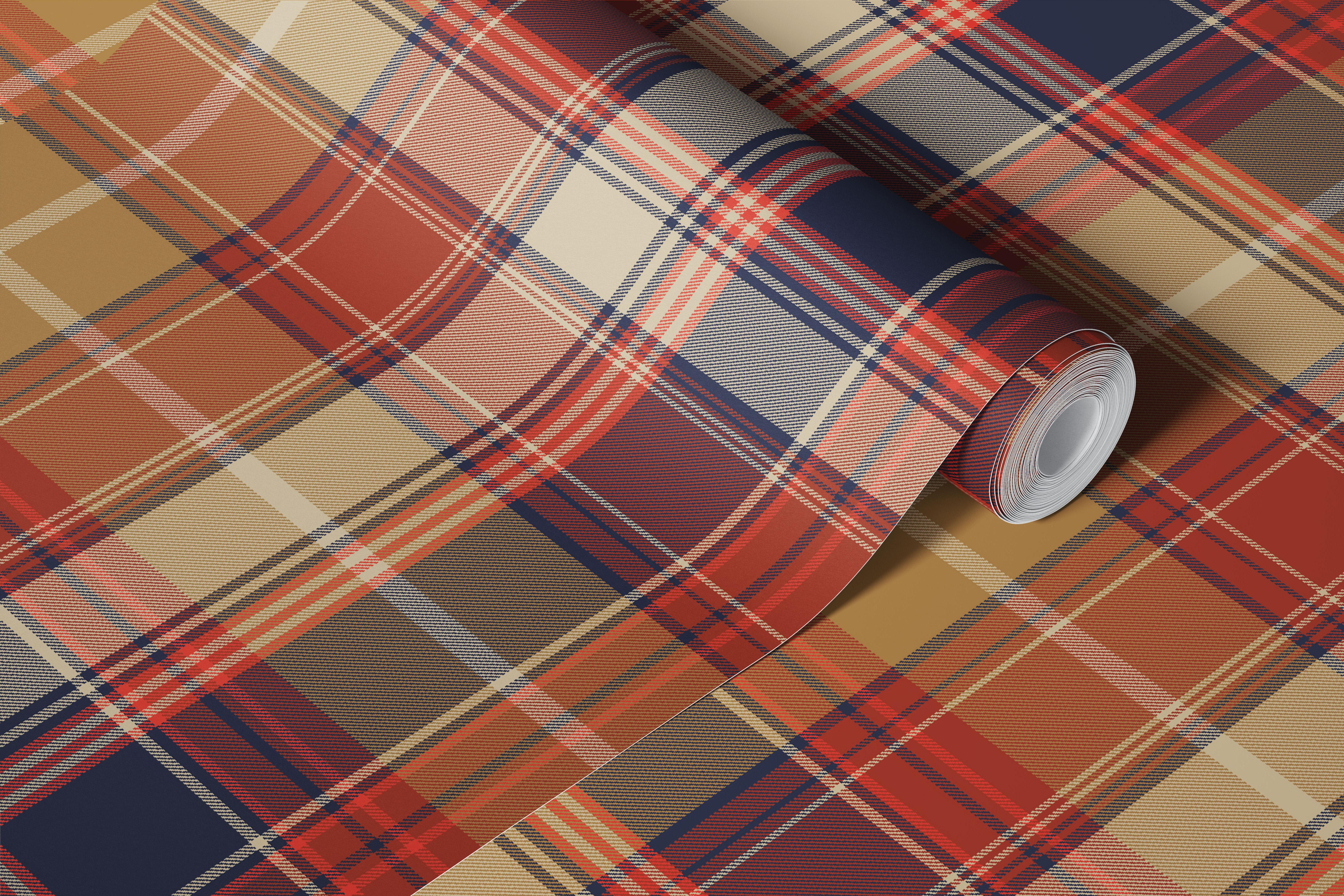 Ταπετσαρία Autumn Heritage Plaid Blue Rust Red σε ένα ζωντανό σαλόνι