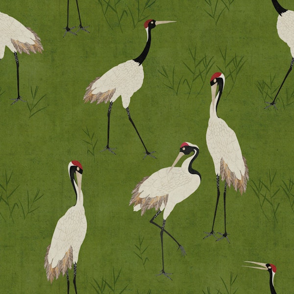 Vibrant Chinoiserie Crane - Moss Green