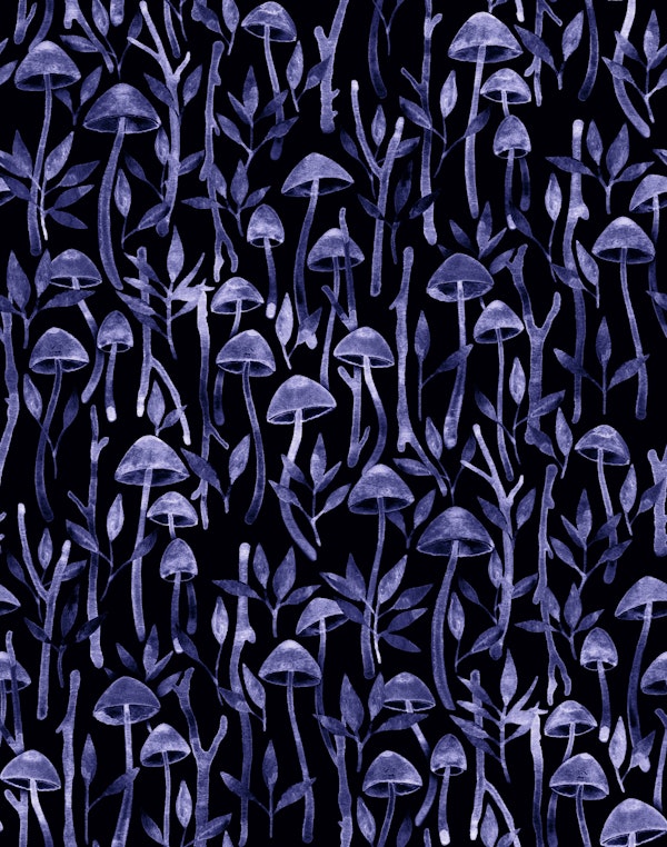Moody Mushroom Forest in Indigo
