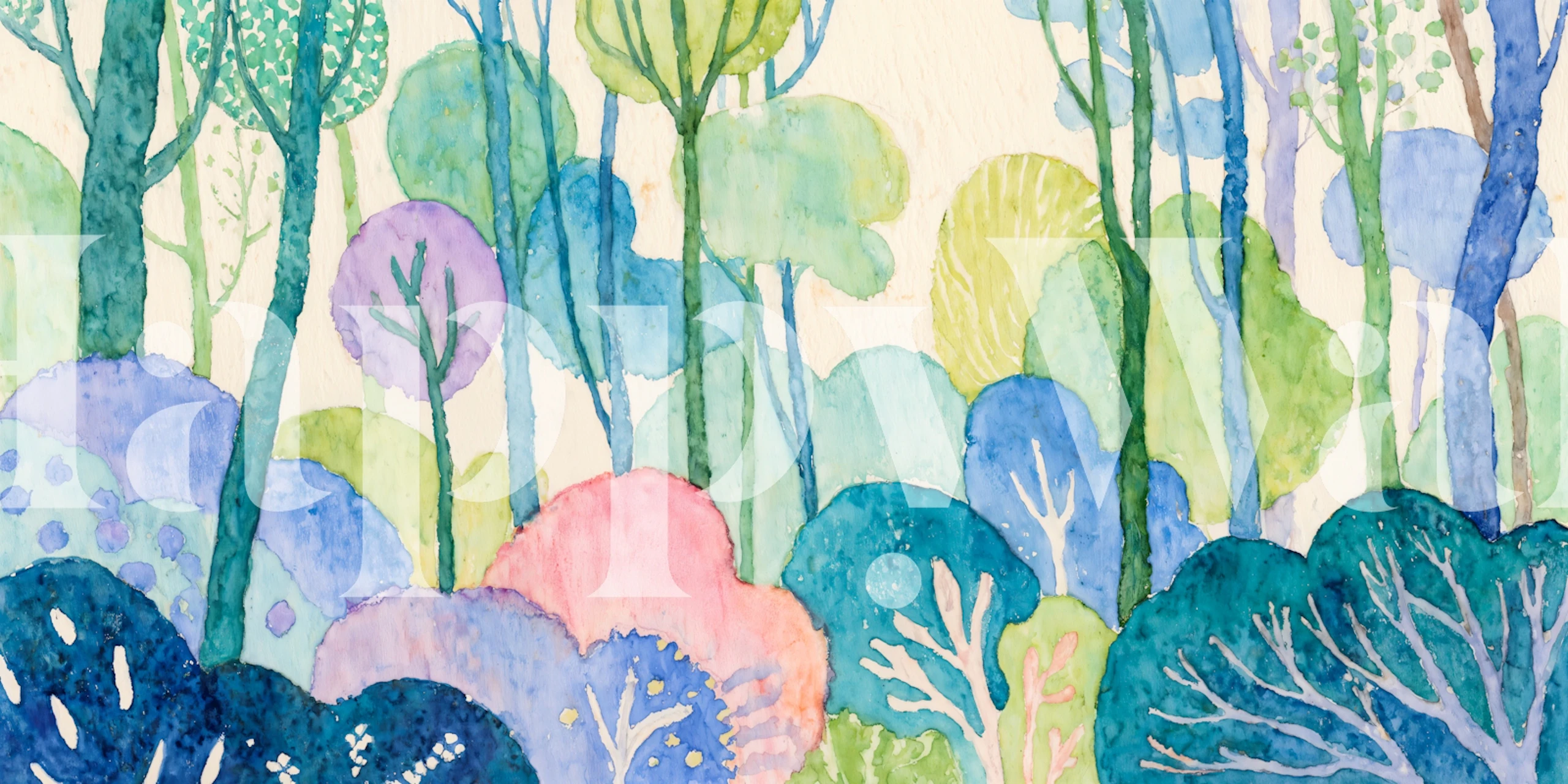 Colorful whimsical forest with blue, green, and pink trees wallpaper