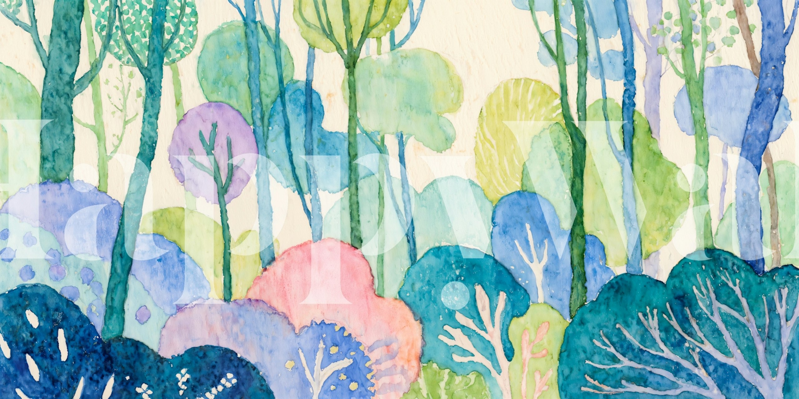 Colorful whimsical forest with blue, green, and pink trees wallpaper