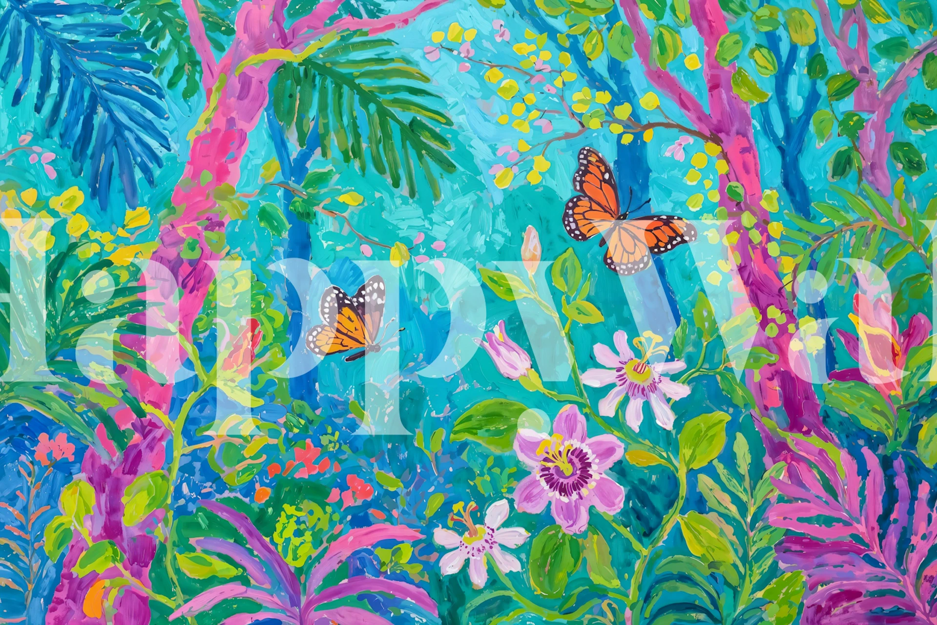 Tropical foliage with butterflies in pink, green, and blue wallpaper