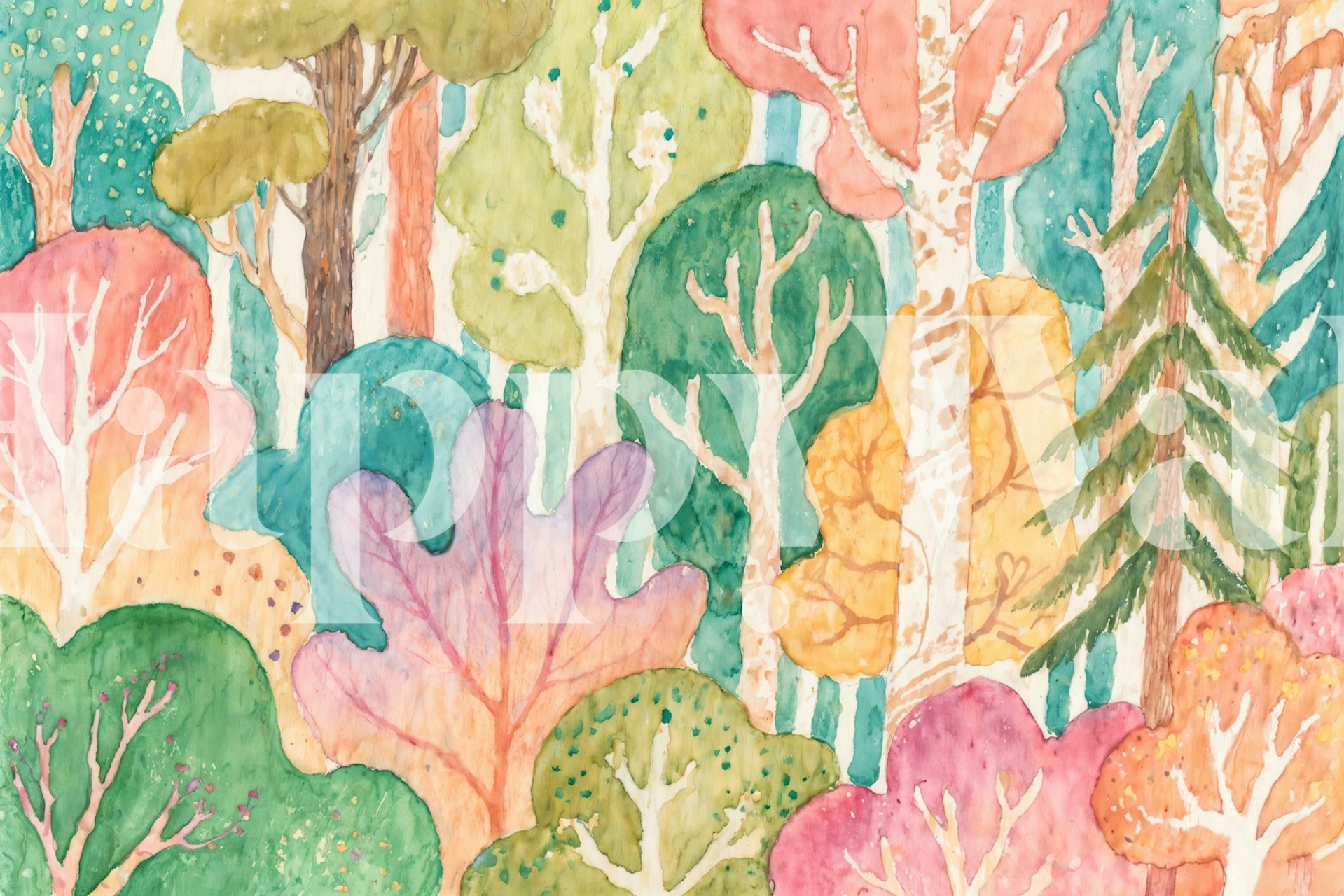Colorful trees in shades of green, pink, and orange watercolor wallpaper