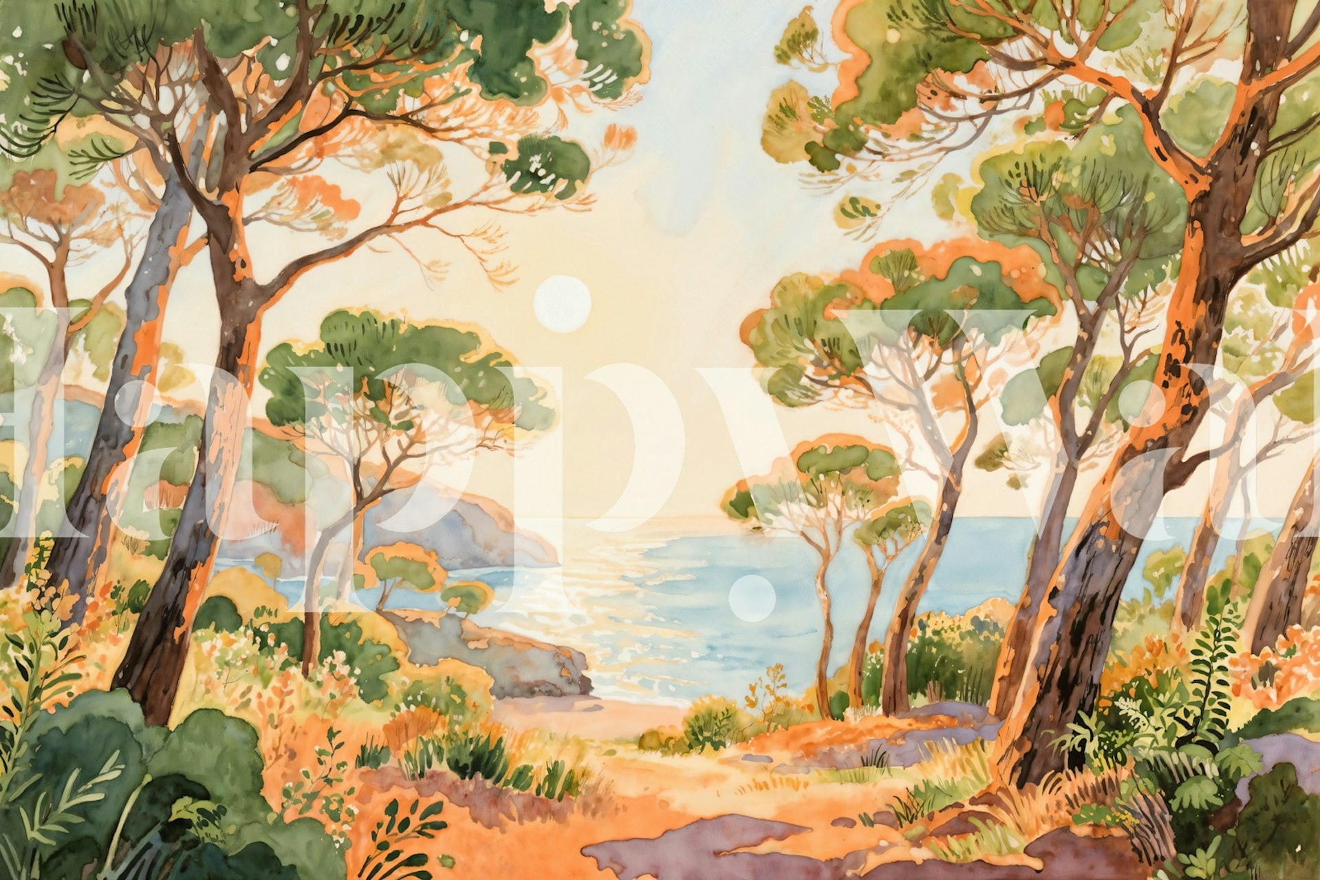 Coastal forest scene with trees and sunset colors wallpaper