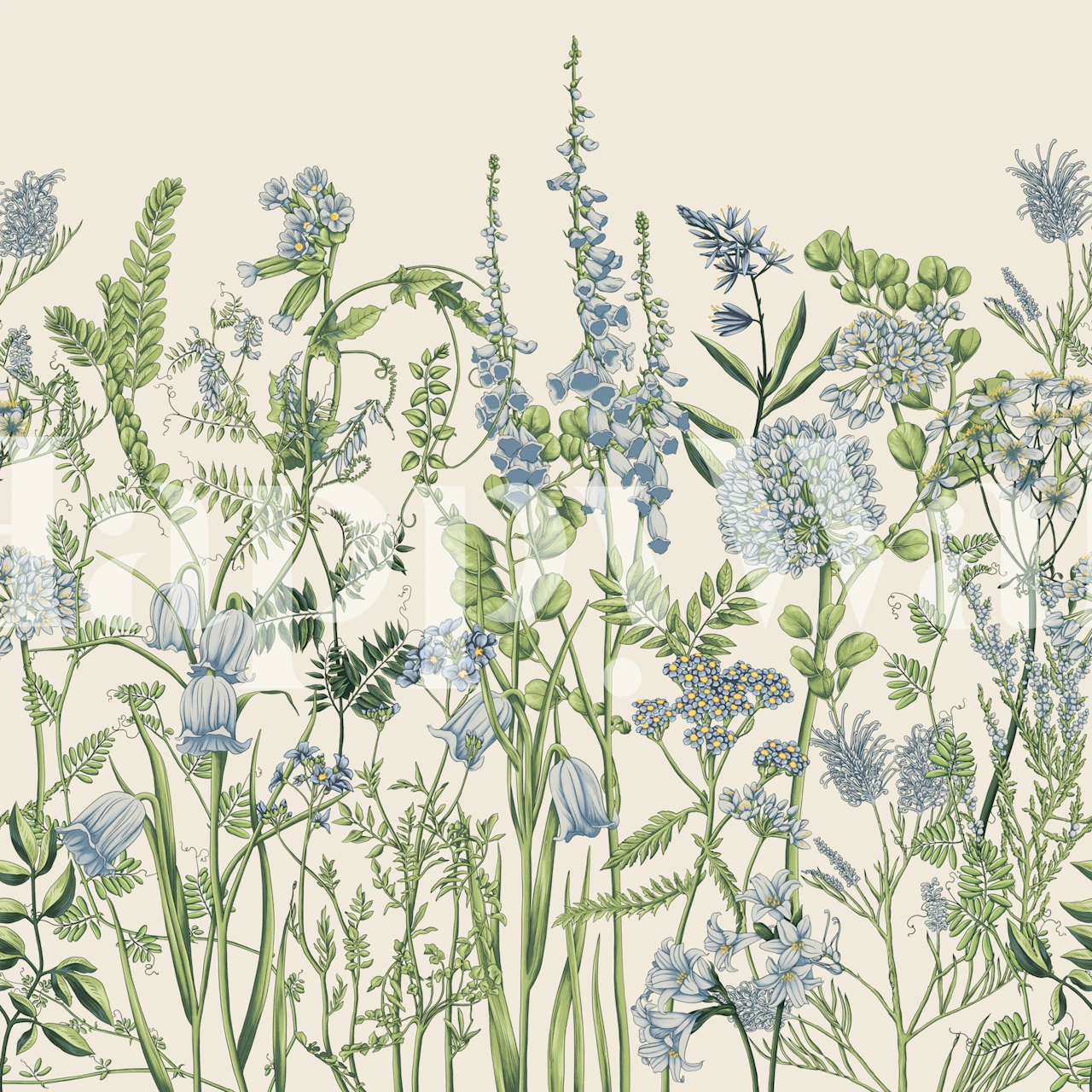 Botanical floral wall mural featuring soft blue and green flowers on a light beige background.
