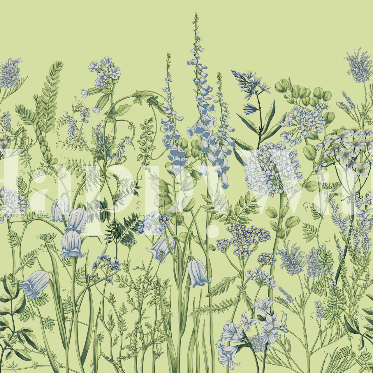 Botanical wallpaper featuring light-colored flowers and green leaves on a pale green background