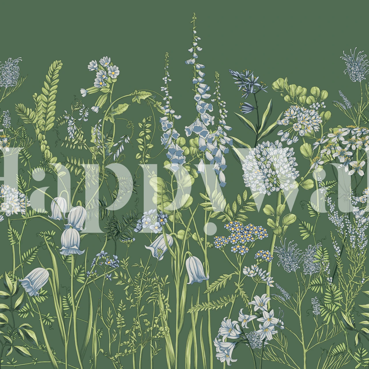 Botanical floral wallpaper in green and white featuring various flowers and ferns