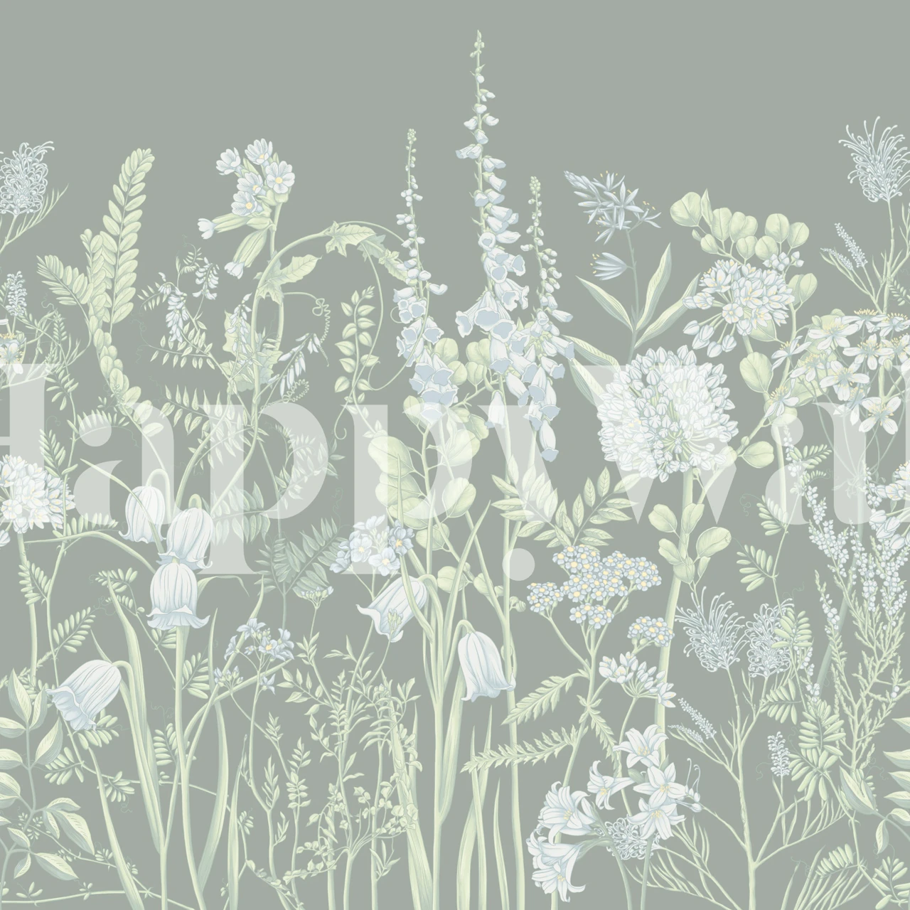 Delicate botanical floral patterns in soft greens and whites wallpaper