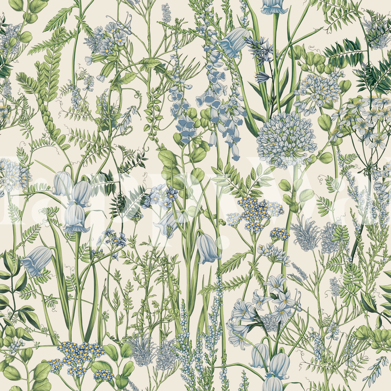 Botanical floral wallpaper featuring delicate blue flowers and green foliage on a soft beige background.