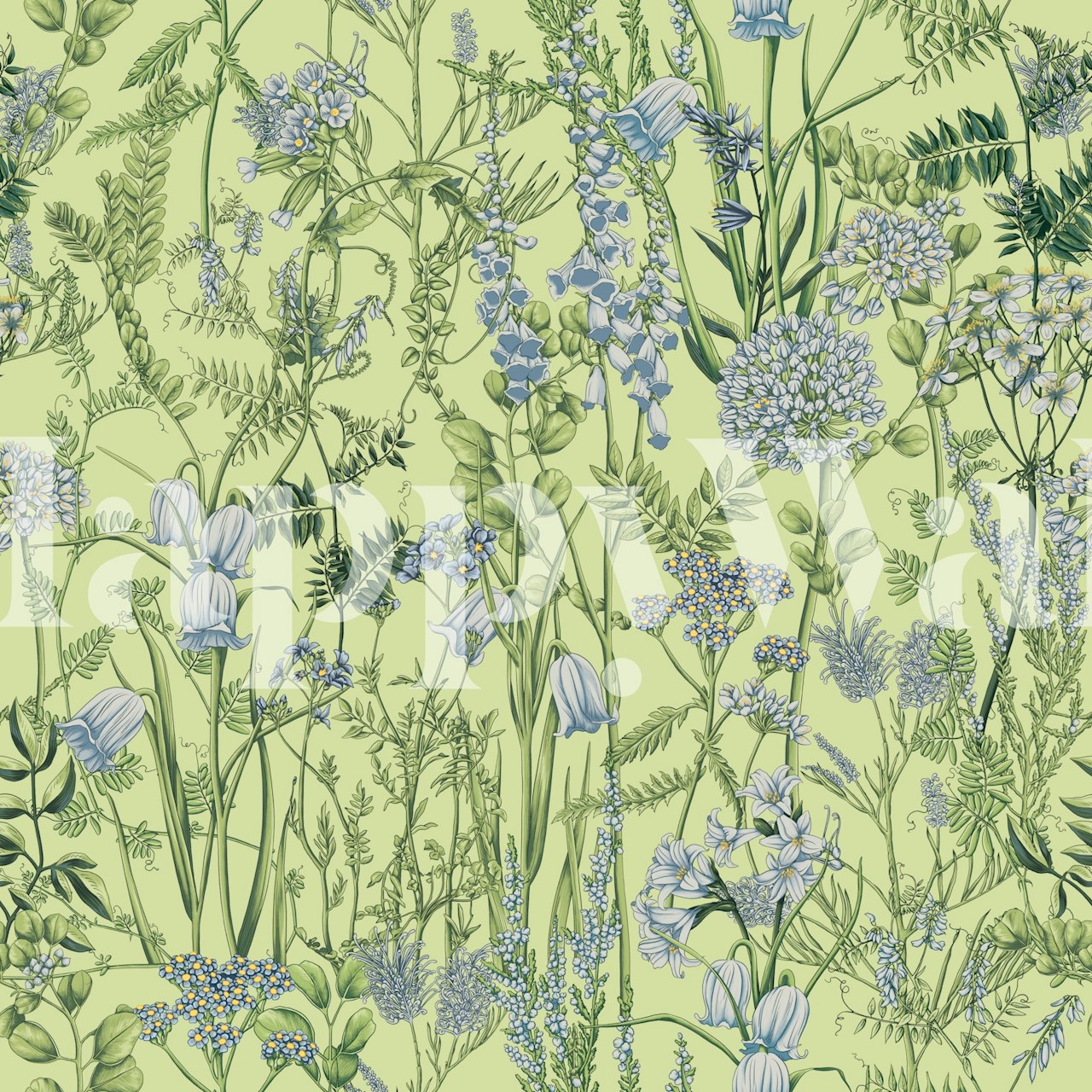 Botanical floral patterns in green and blue tones wallpaper