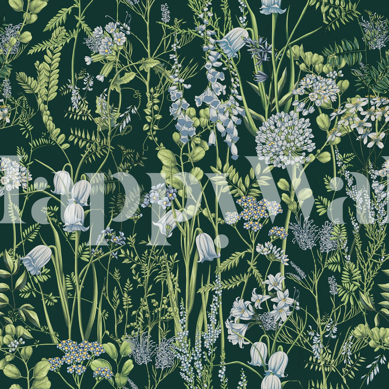 Botanical floral wallpaper with green background and white flowers, detailed foliage