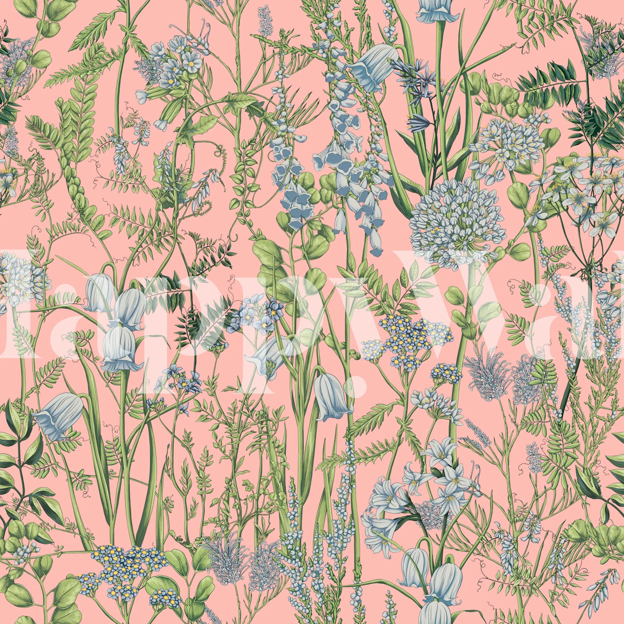 Pink floral wallpaper with botanical illustrations in blue and green hues