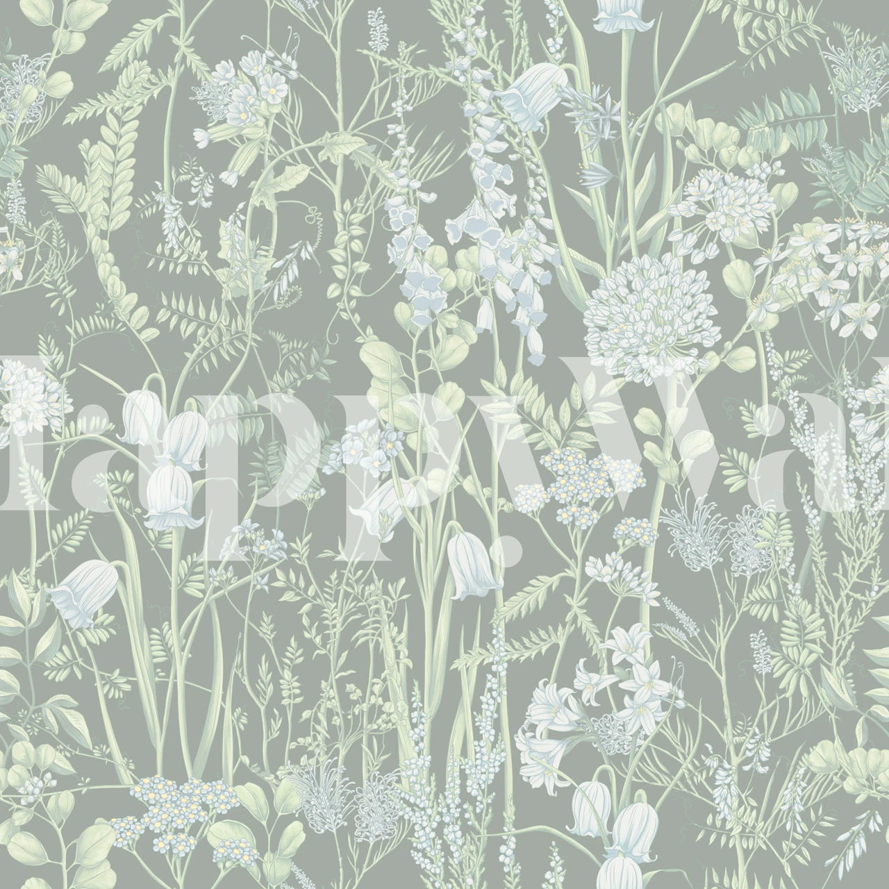Botanical floral pattern in soft green and white wallpaper