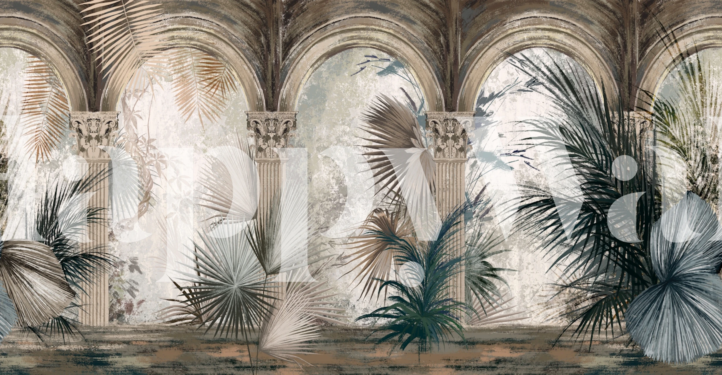 Columns with palm leaves in soft earthy tones wallpaper