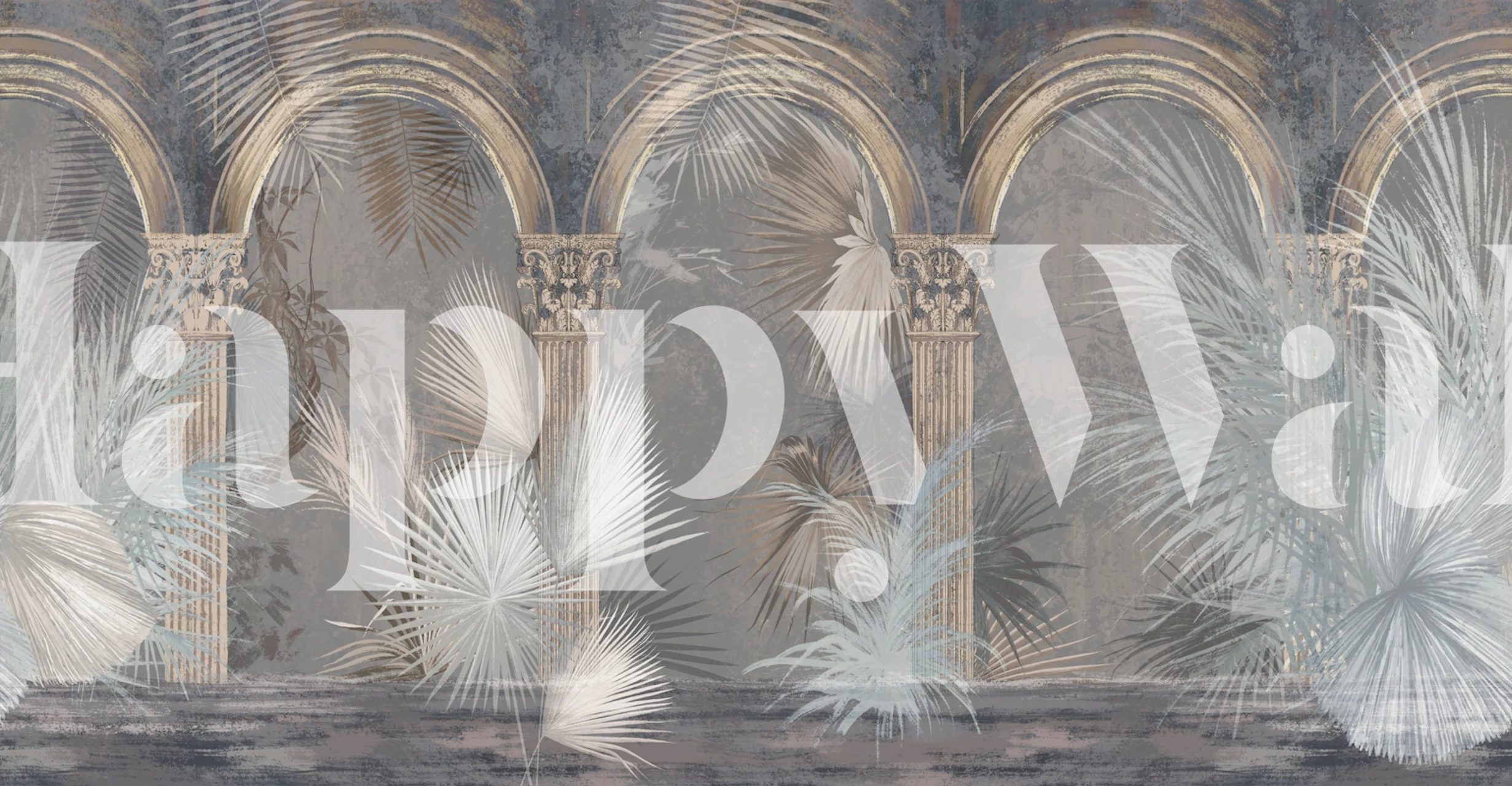 Palm leaves and columns in soft gray and blue wallpaper