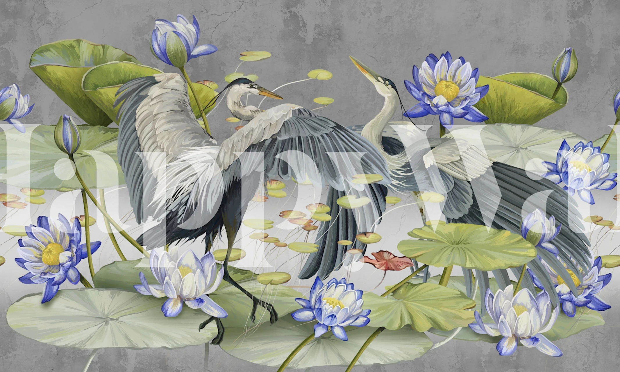 Heron and water lily scene with gray background wallpaper