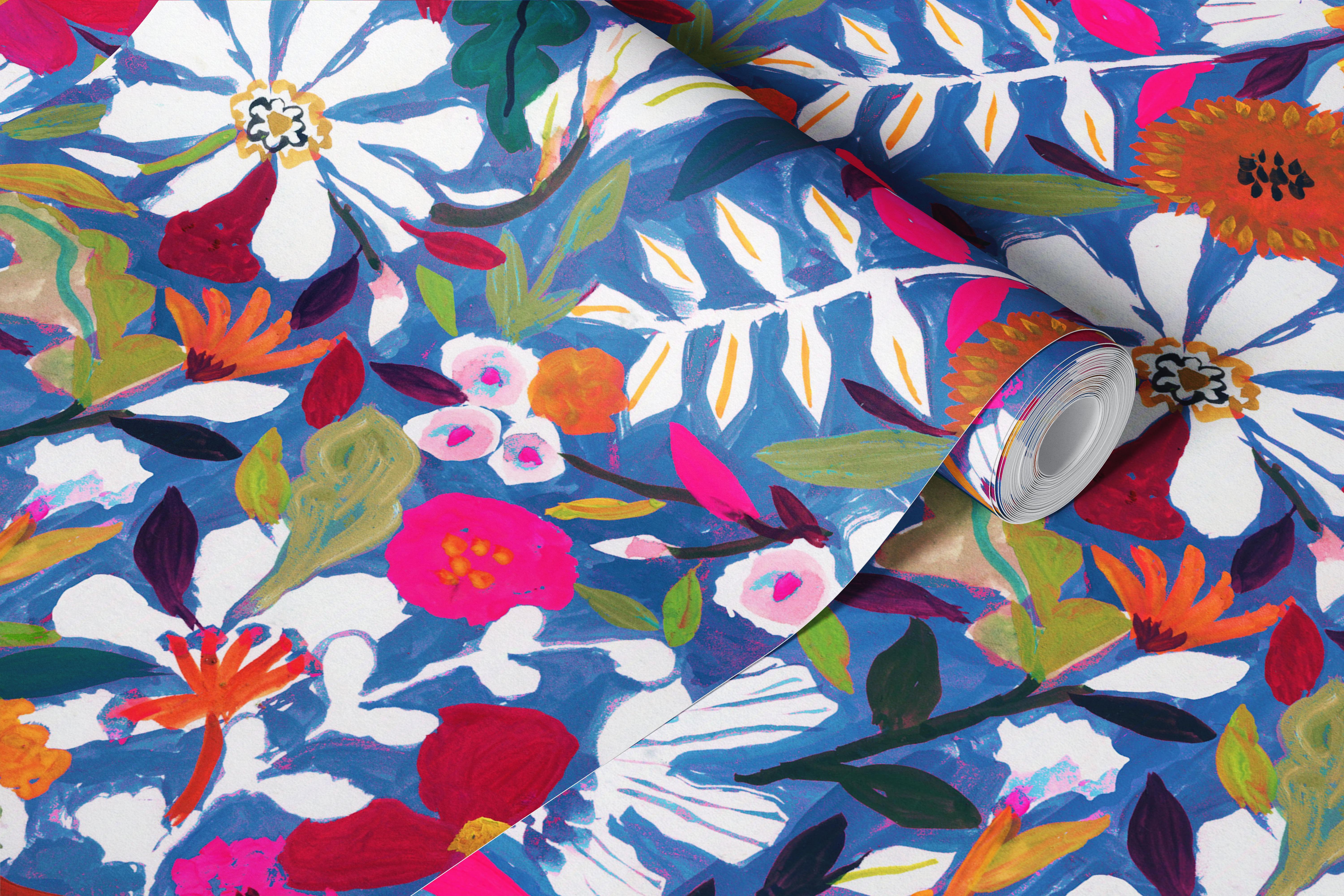 Colorful painterly floral design in blue wallpaper
