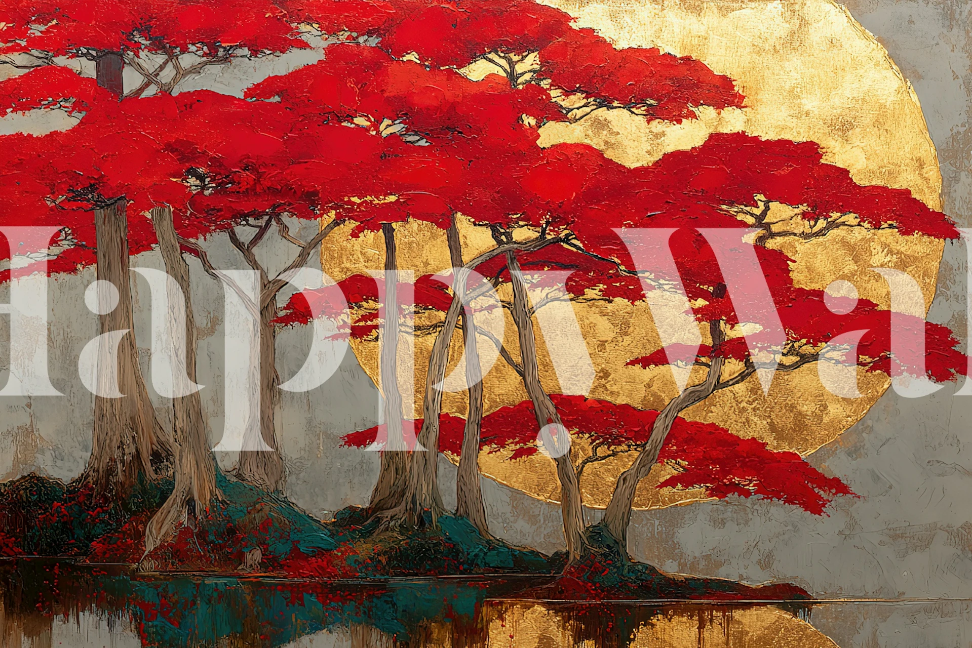 Red trees with golden background wall mural wallpaper