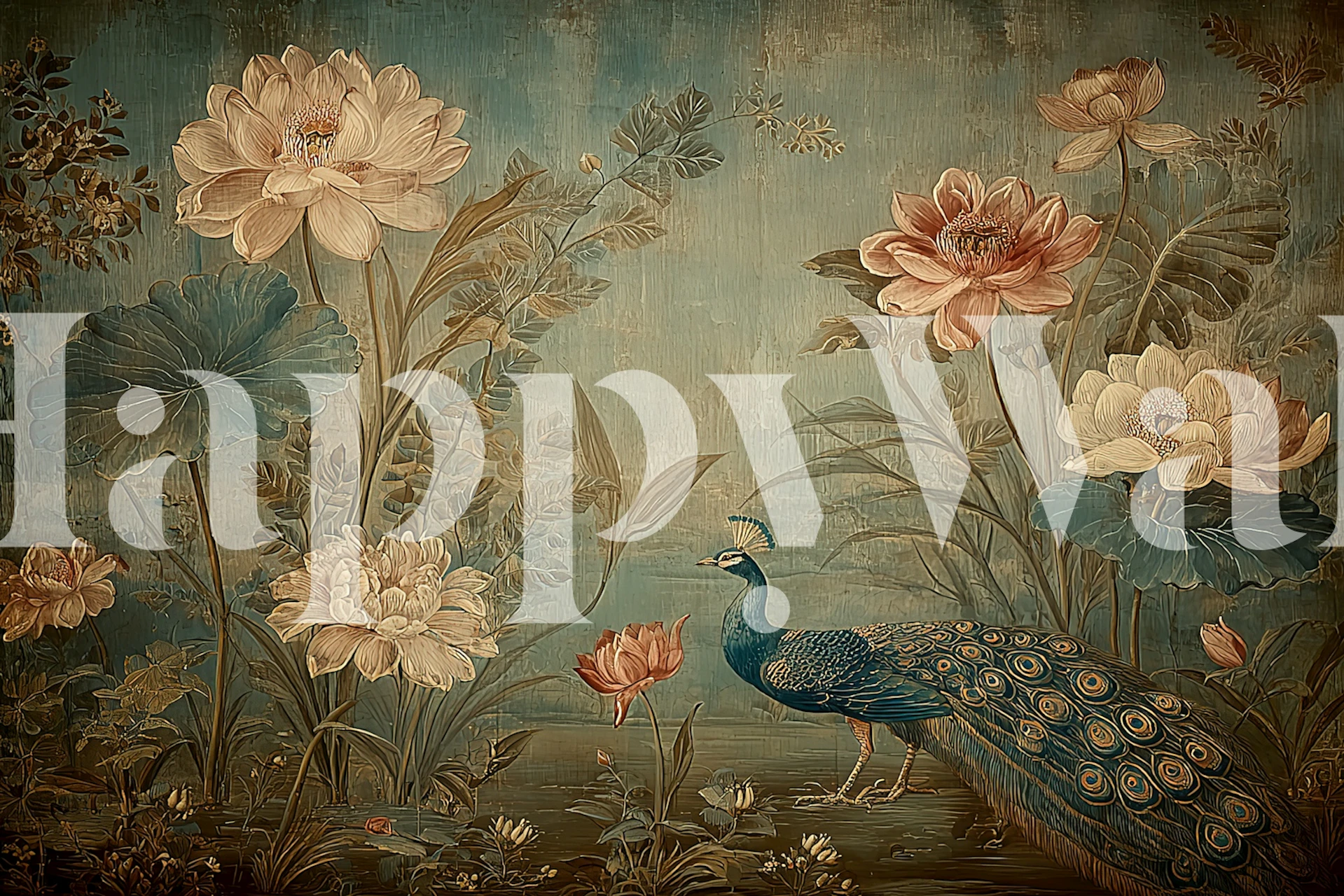 Papier peint Enchanted Pond avec des fleurs et un paon