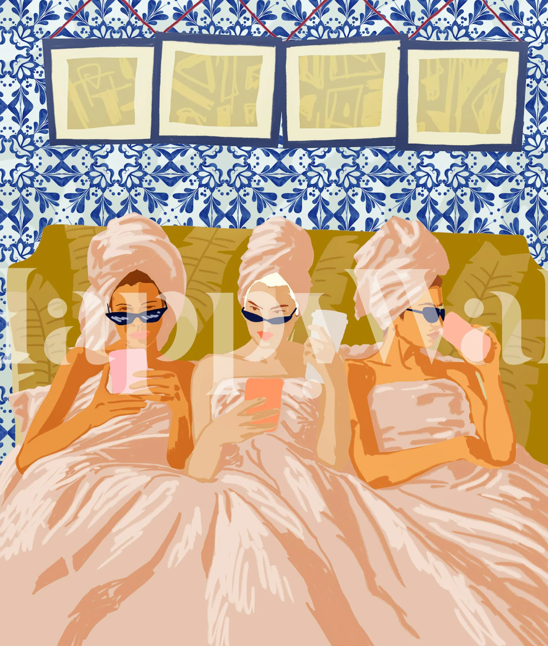 Three women in bathrobes with towels, blue floral wallpaper, modern style wallpaper