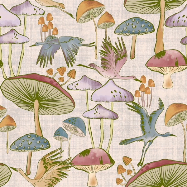 Flying cranes and whimsical forest mushrooms