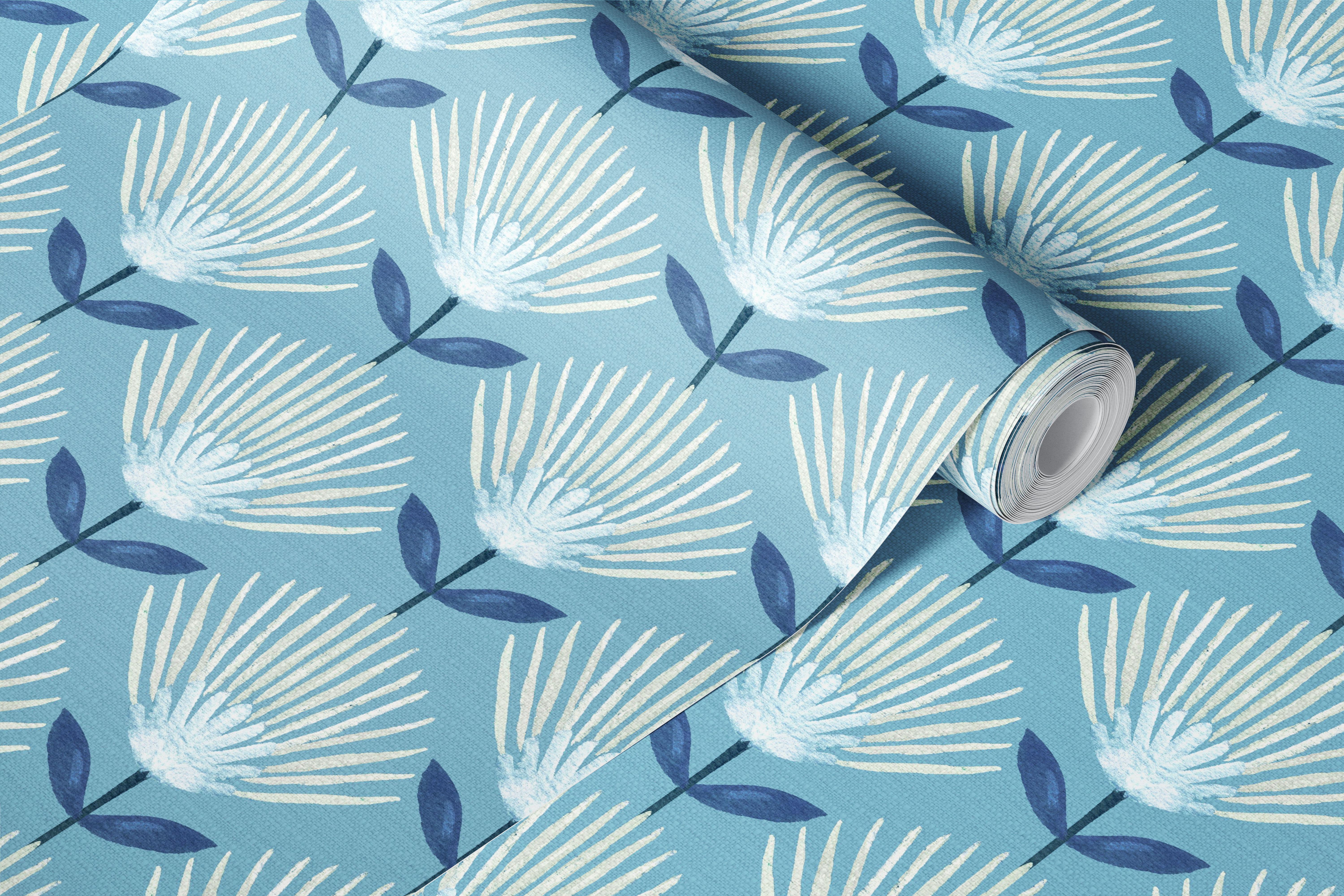 Art Deco Fan flowers neutral light blue wallpaper