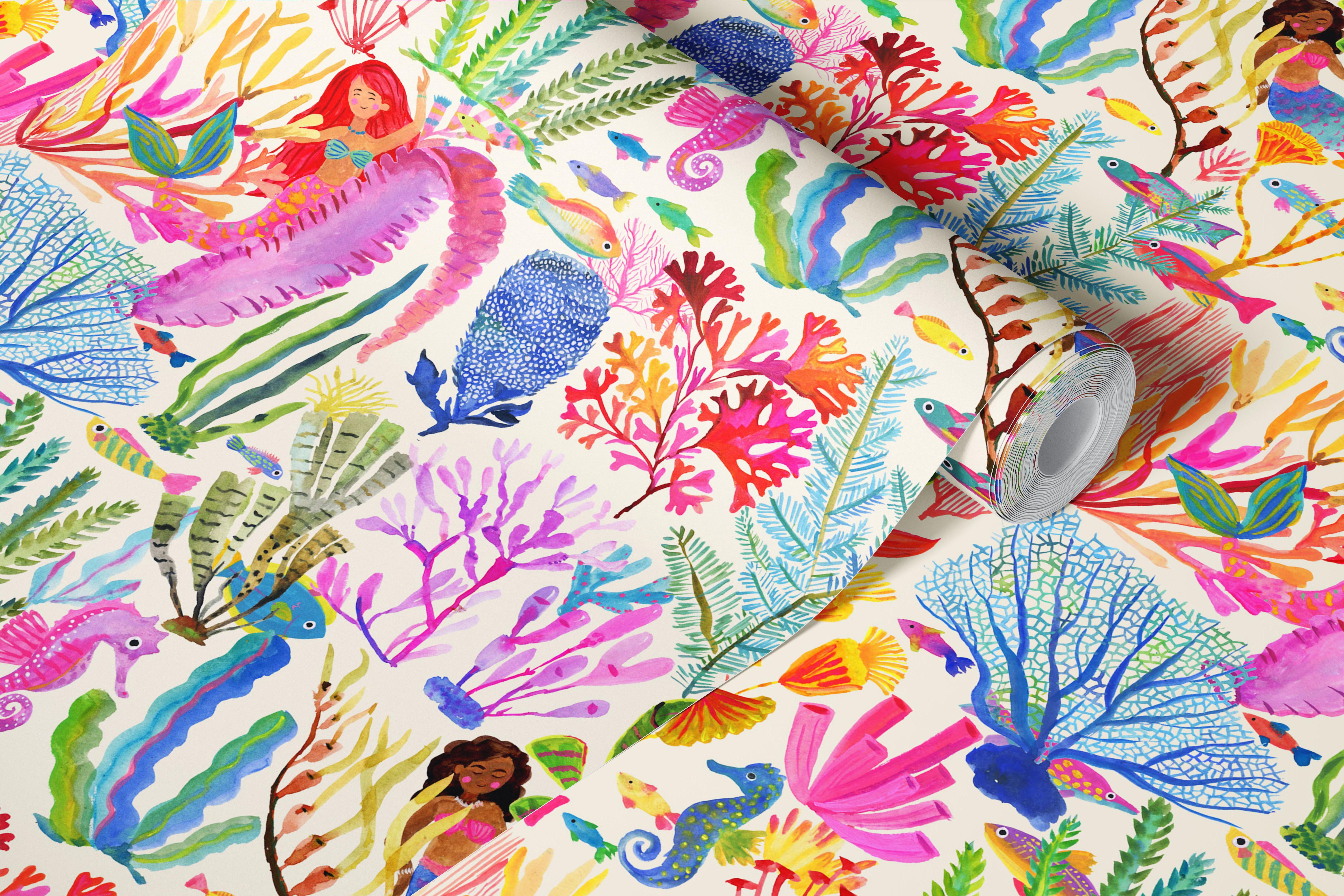 Mermaids and sea plants wallpaper σε ένα δωμάτιο