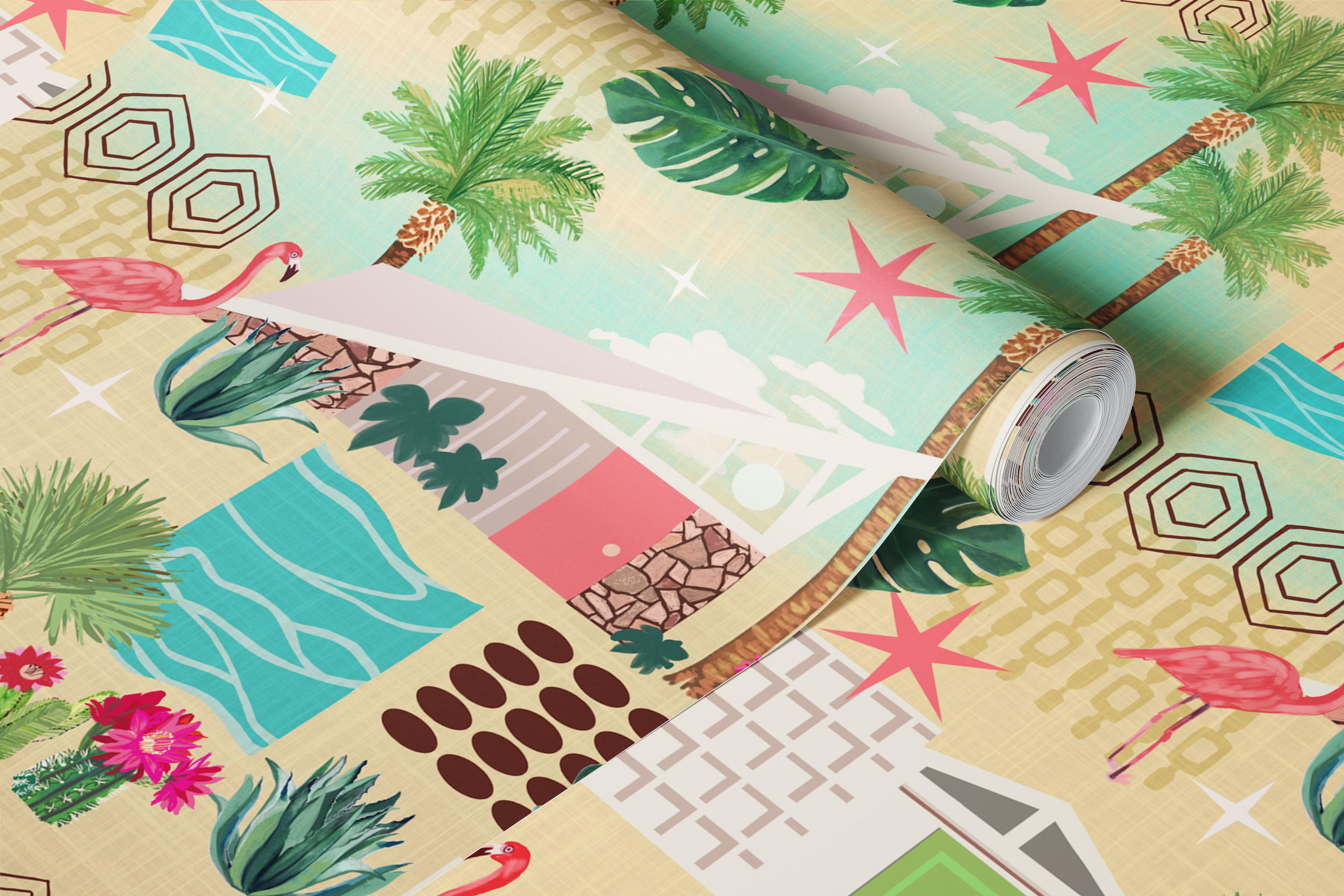 Tropical palm leaves, pink flamingoes, geometric shapes wallpaper