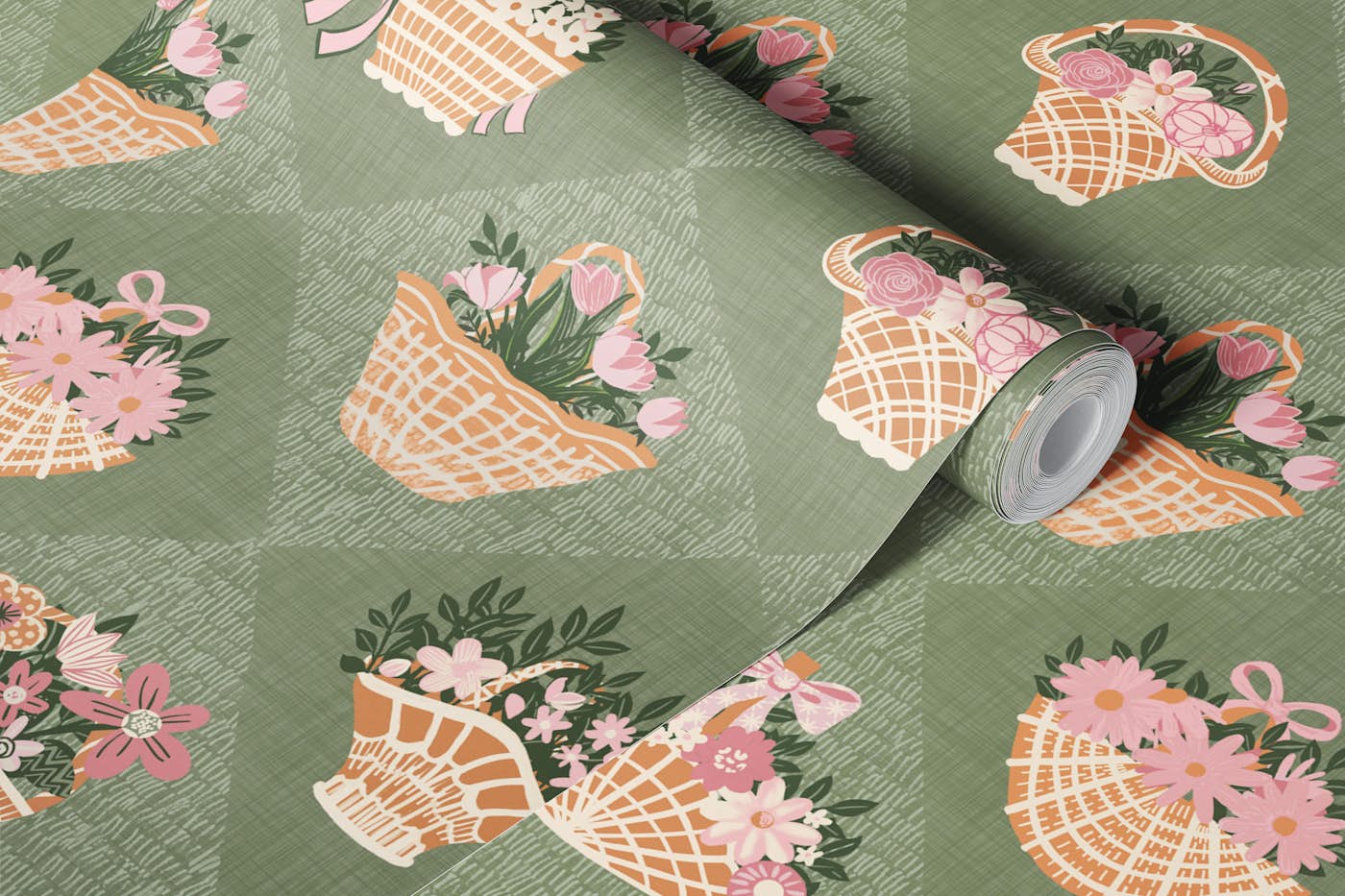 Appliqué Cottagecore Baskets wallpaper roll