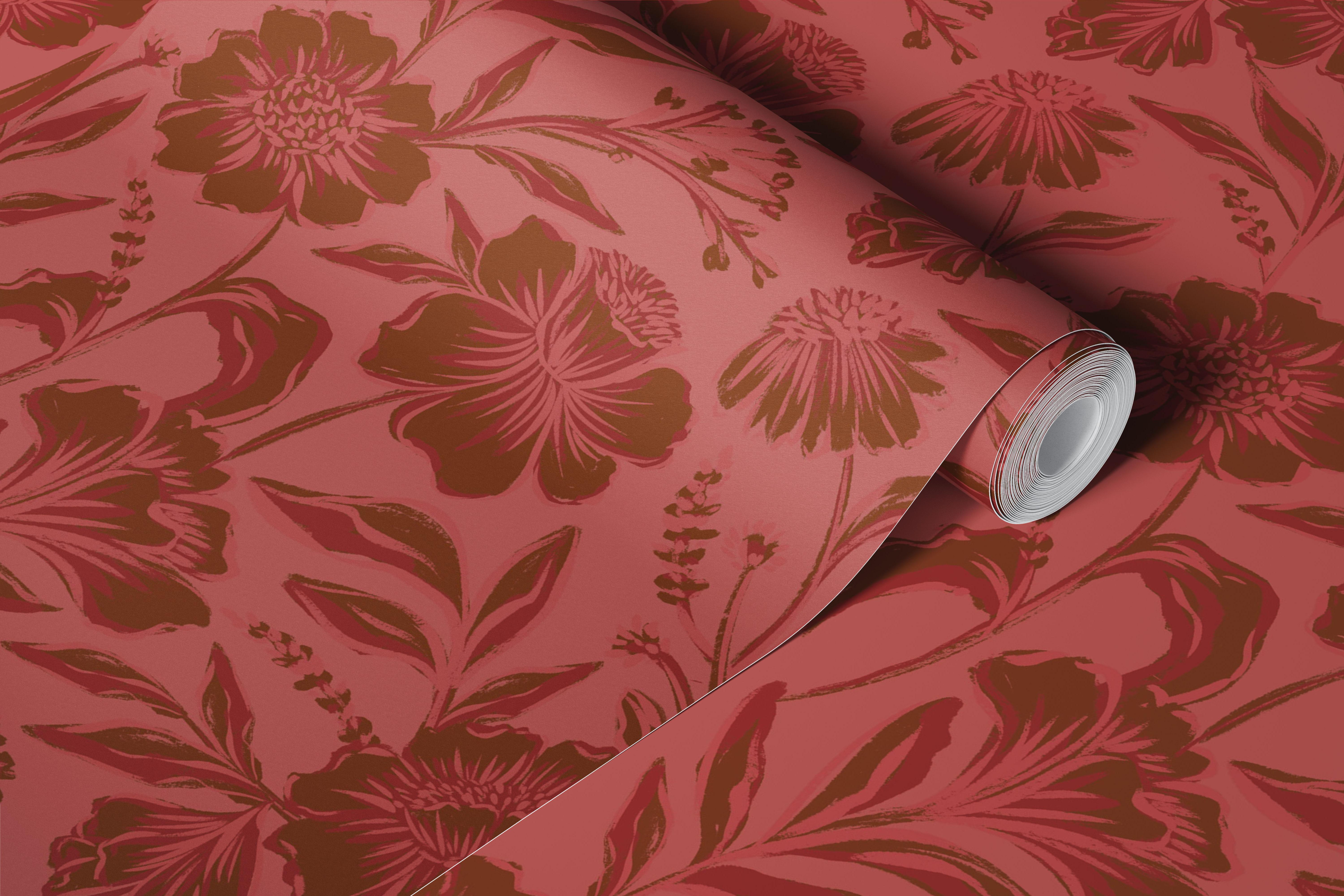 Floral patterns in rusty red with green leaves wallpaper
