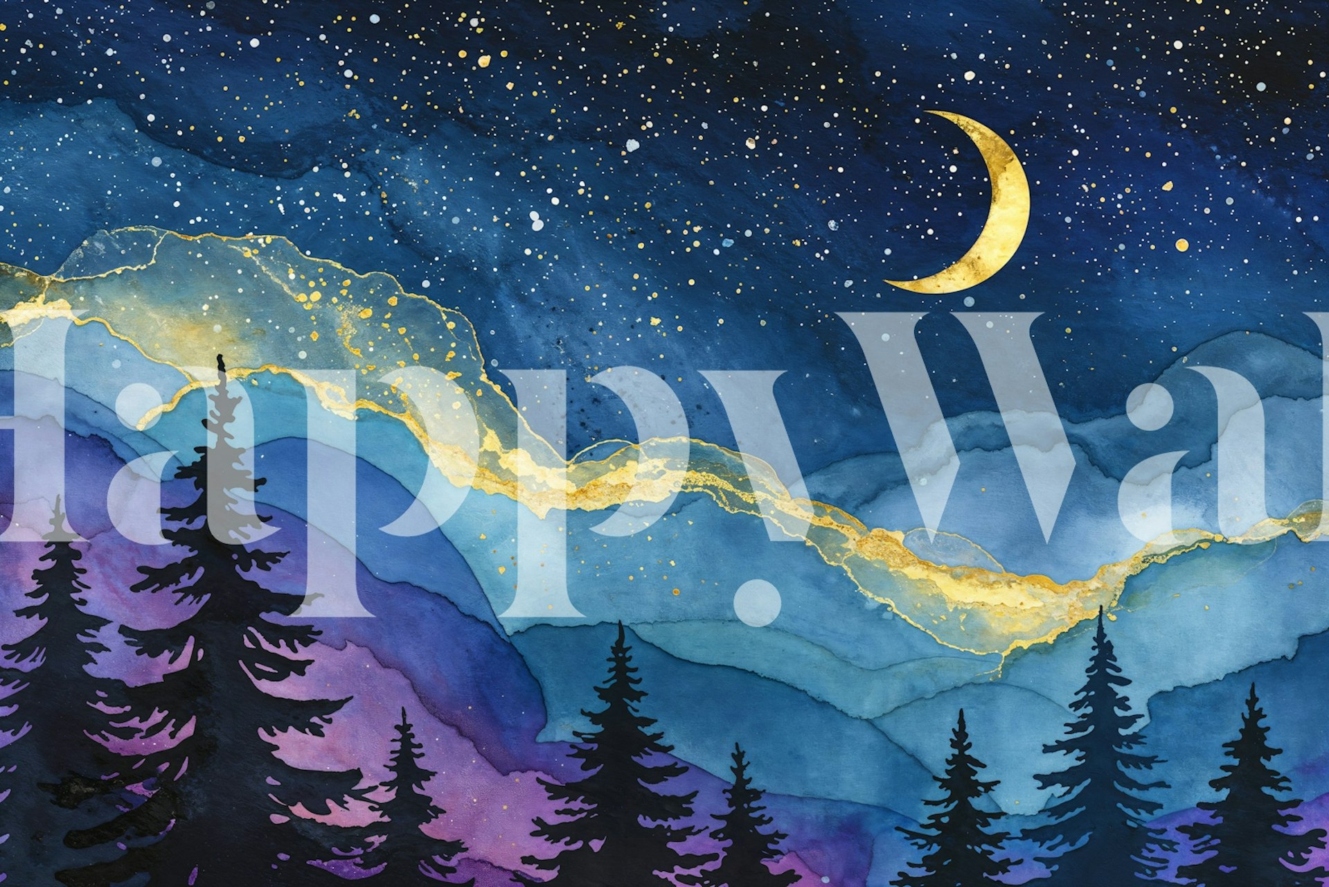Celestial forest night sky with trees and golden moon wallpaper