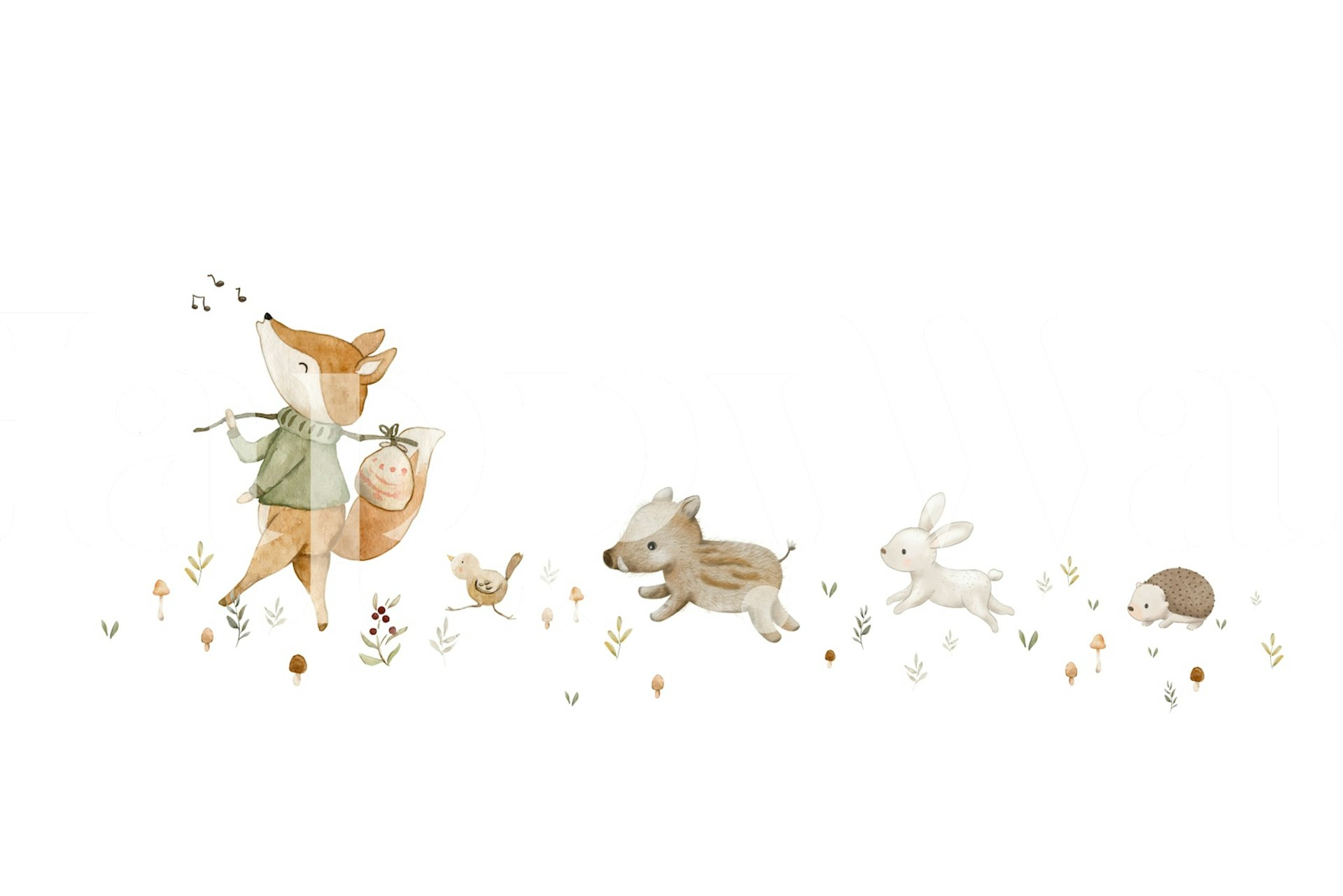 Woodland animals in pastel colors walking on white wallpaper